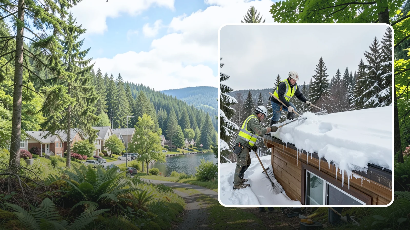 Low-Slope Roof Snow Removal in Lake Forest Park, King County, WA - We remove snow from flat and low-slope roofs where heavy Northwest snow collects and lingers.