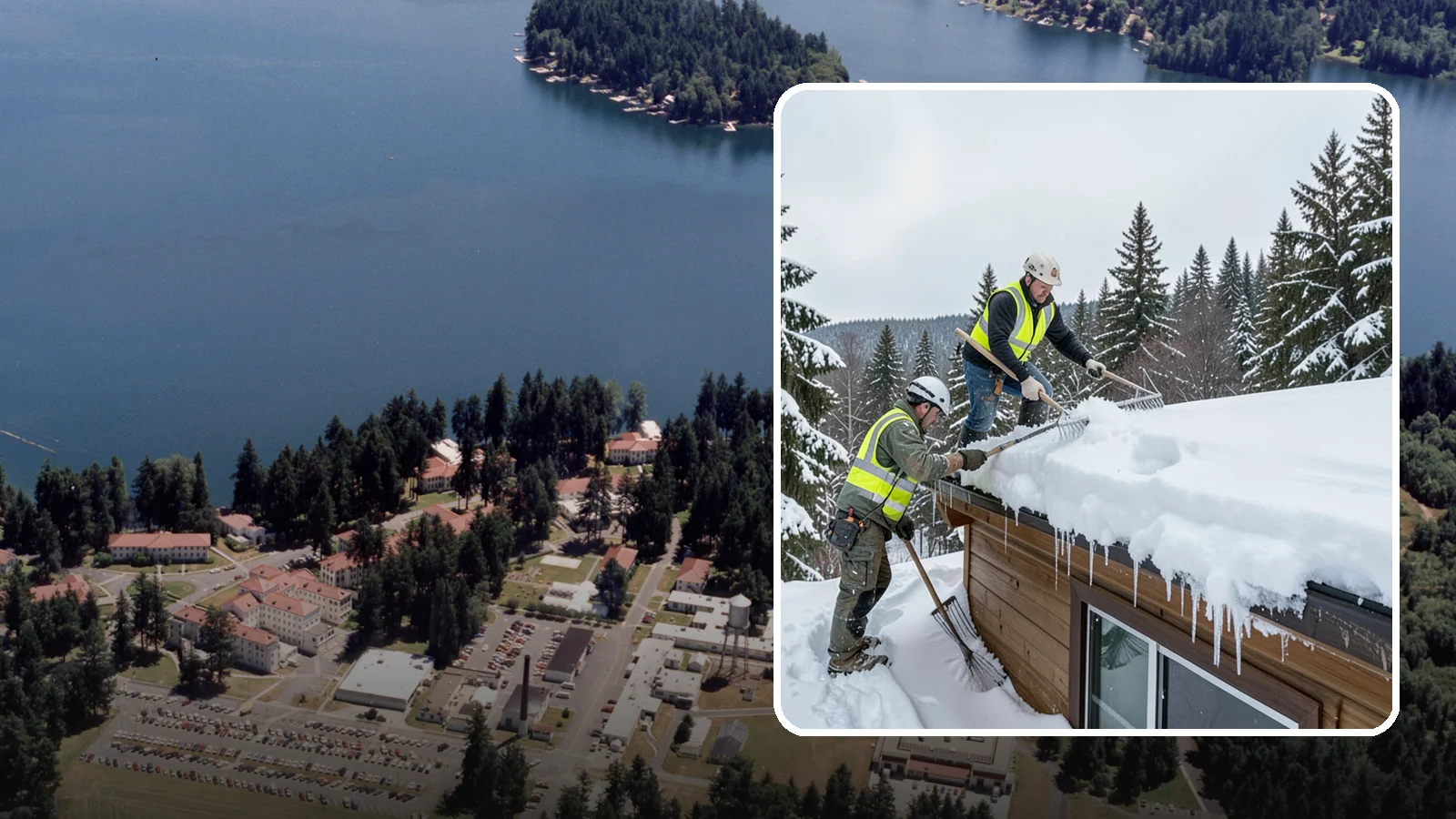 Low-Slope Roof Snow Removal in Lakewood, Pierce County, WA - We remove snow from flat and low-slope roofs where heavy Northwest snow collects and lingers.