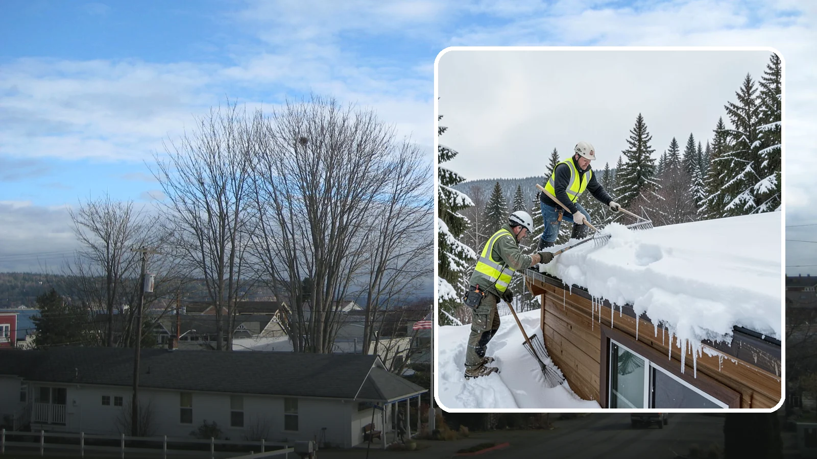 Low-Slope Roof Snow Removal in Langley, Island County, WA - We remove snow from flat and low-slope roofs where heavy Northwest snow collects and lingers.
