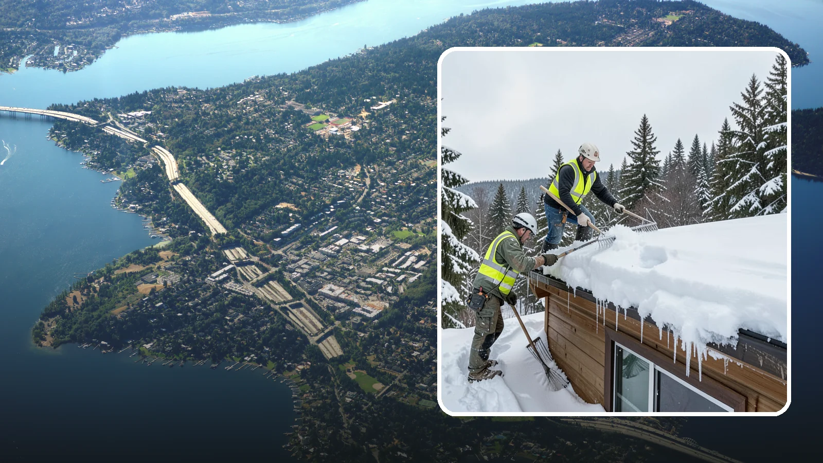 Low-Slope Roof Snow Removal in Mercer Island, King County, WA - We remove snow from flat and low-slope roofs where heavy Northwest snow collects and lingers.
