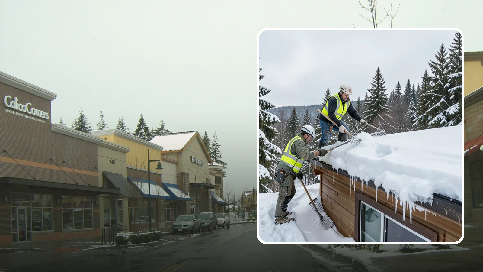 Low-Slope Roof Snow Removal in Mill Creek, Snohomish County, WA - We remove snow from flat and low-slope roofs where heavy Northwest snow collects and lingers.