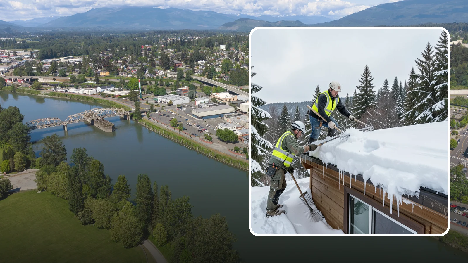 Low-Slope Roof Snow Removal in Mount Vernon, Skagit County, WA - We remove snow from flat and low-slope roofs where heavy Northwest snow collects and lingers.