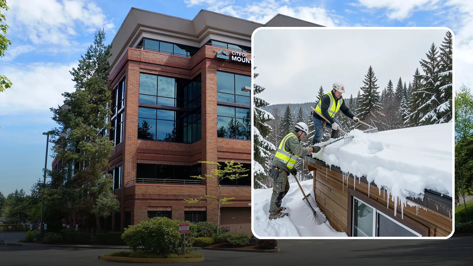 Low-Slope Roof Snow Removal in Mountlake Terrace, Snohomish County, WA - We remove snow from flat and low-slope roofs where heavy Northwest snow collects and lingers.
