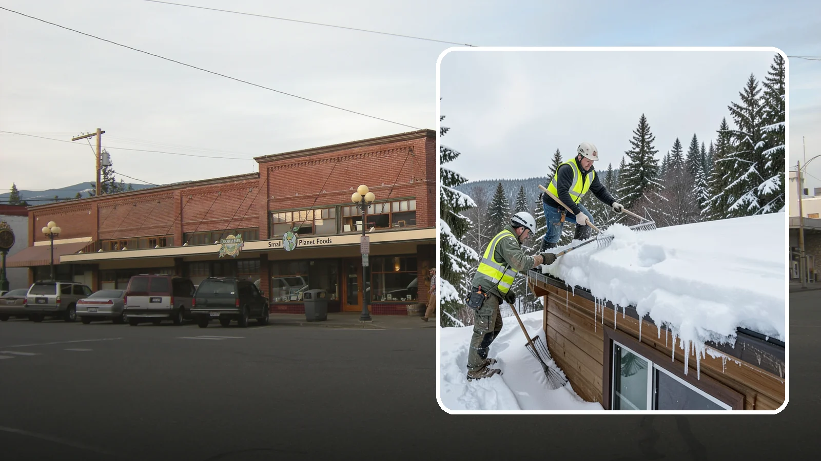 Low-Slope Roof Snow Removal in Sedro-Woolley, Skagit County, WA - We remove snow from flat and low-slope roofs where heavy Northwest snow collects and lingers.