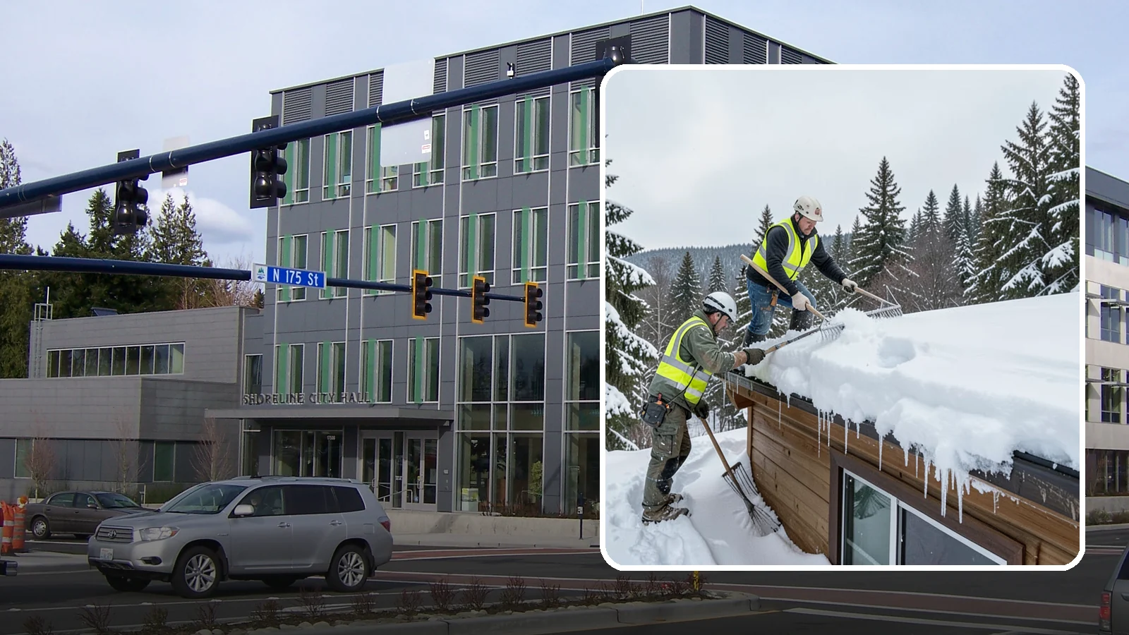 Low-Slope Roof Snow Removal in Shoreline, King County, WA - We remove snow from flat and low-slope roofs where heavy Northwest snow collects and lingers.