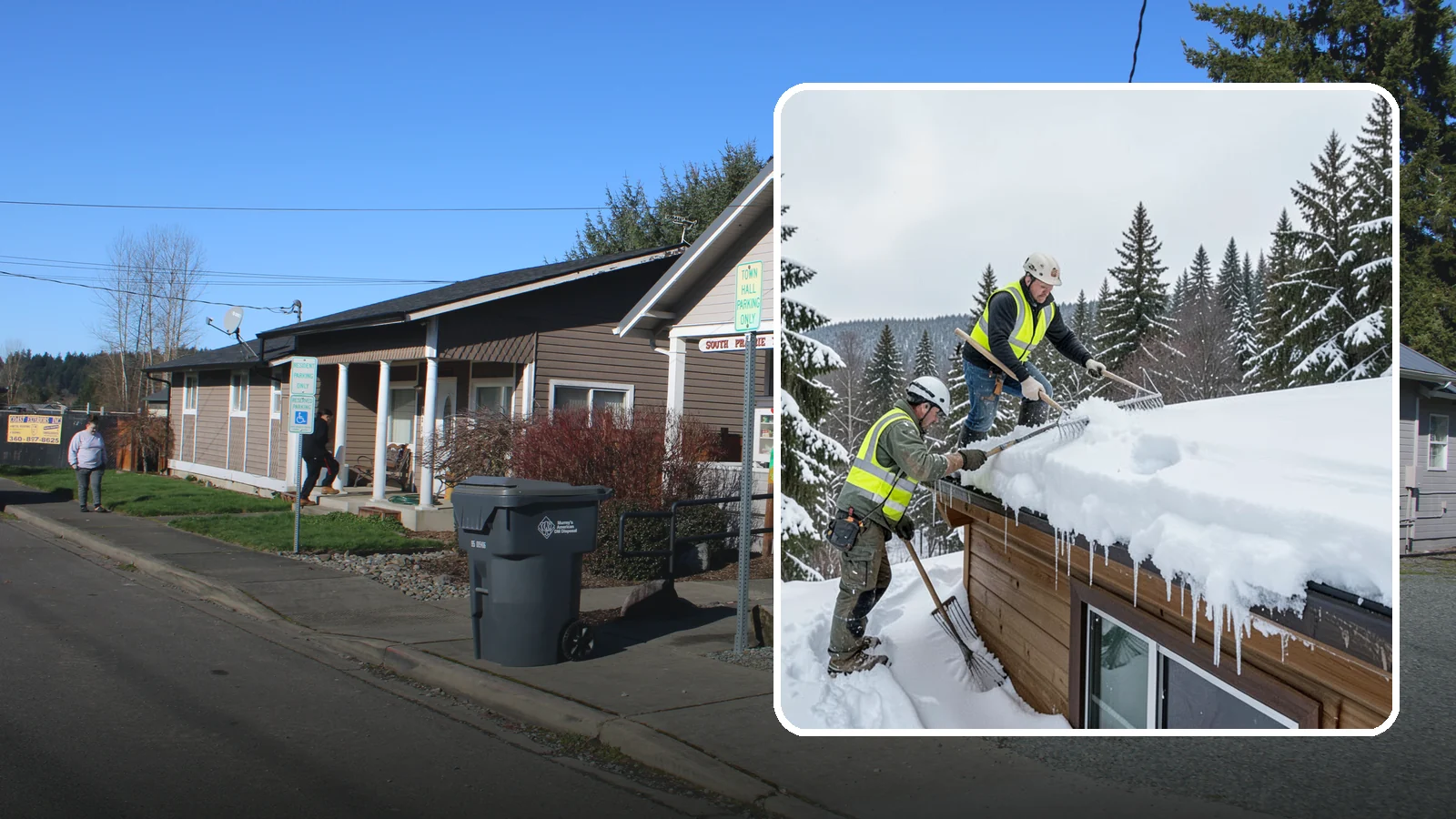 Low-Slope Roof Snow Removal in South Prairie, Pierce County, WA - We remove snow from flat and low-slope roofs where heavy Northwest snow collects and lingers.