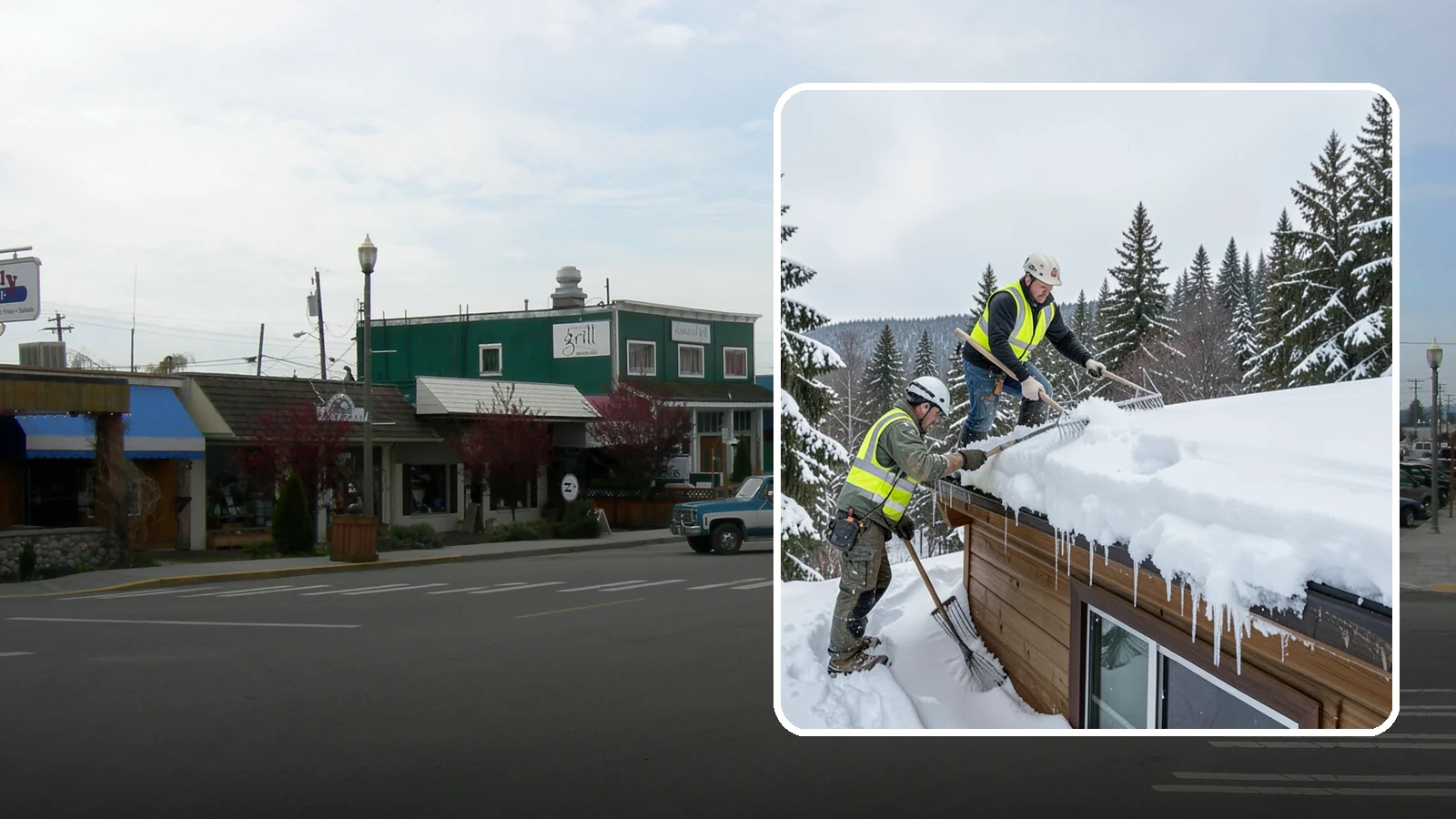 Low-Slope Roof Snow Removal in Stanwood, Snohomish County, WA - We remove snow from flat and low-slope roofs where heavy Northwest snow collects and lingers.