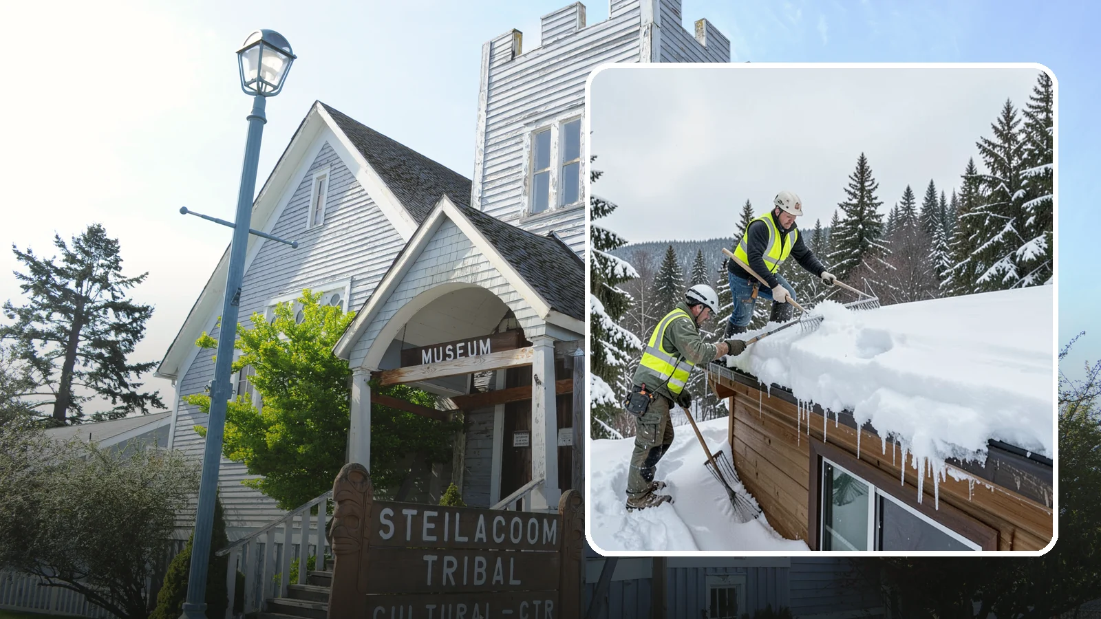 Low-Slope Roof Snow Removal in Steilacoom, Pierce County, WA - We remove snow from flat and low-slope roofs where heavy Northwest snow collects and lingers.