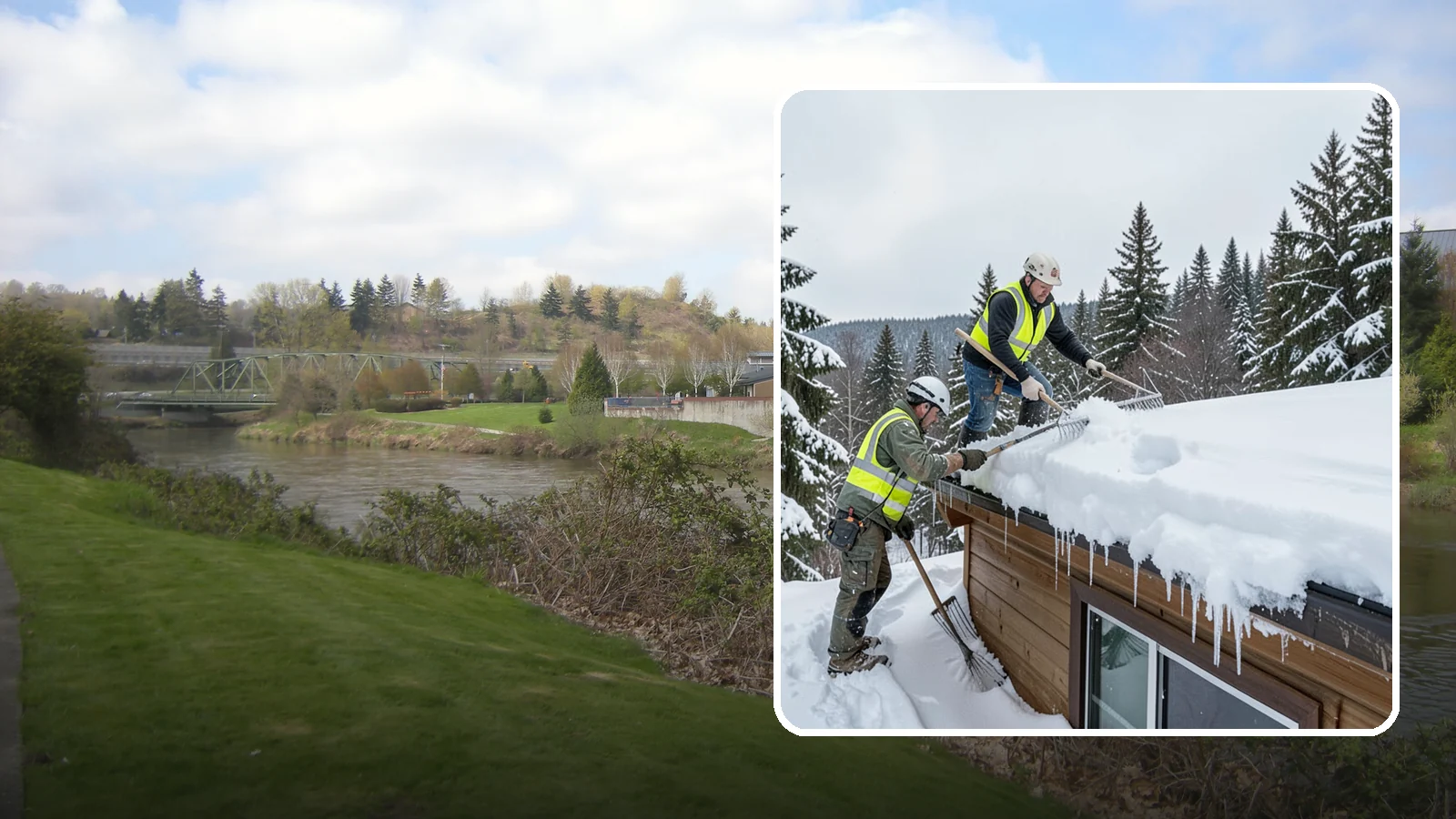 Low-Slope Roof Snow Removal in Tukwila, King County, WA - We remove snow from flat and low-slope roofs where heavy Northwest snow collects and lingers.