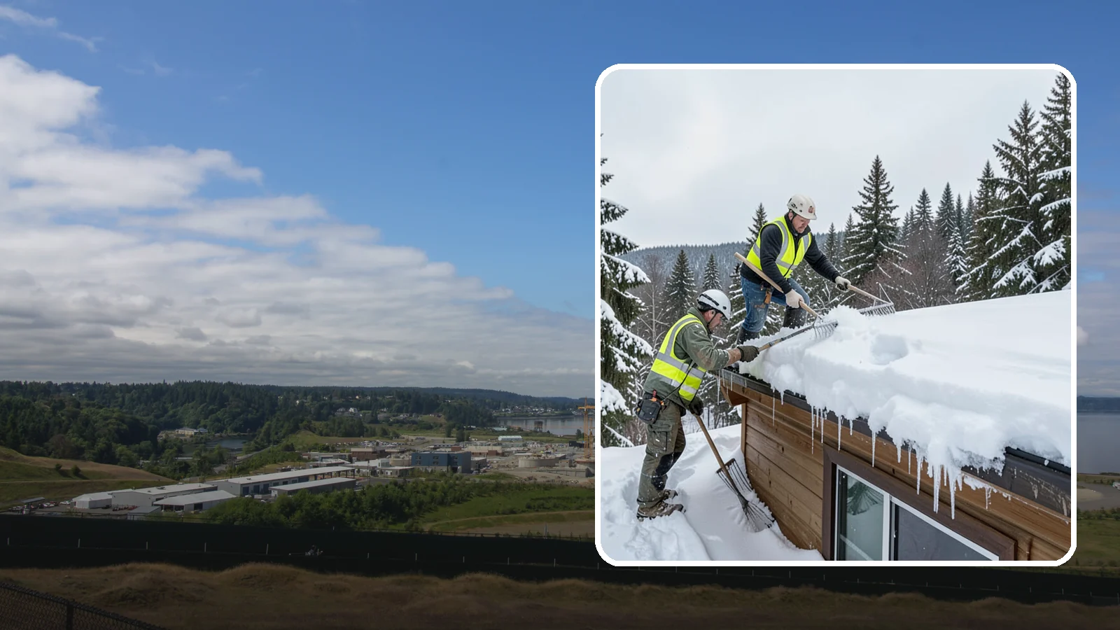 Low-Slope Roof Snow Removal in University Place, Pierce County, WA - We remove snow from flat and low-slope roofs where heavy Northwest snow collects and lingers.