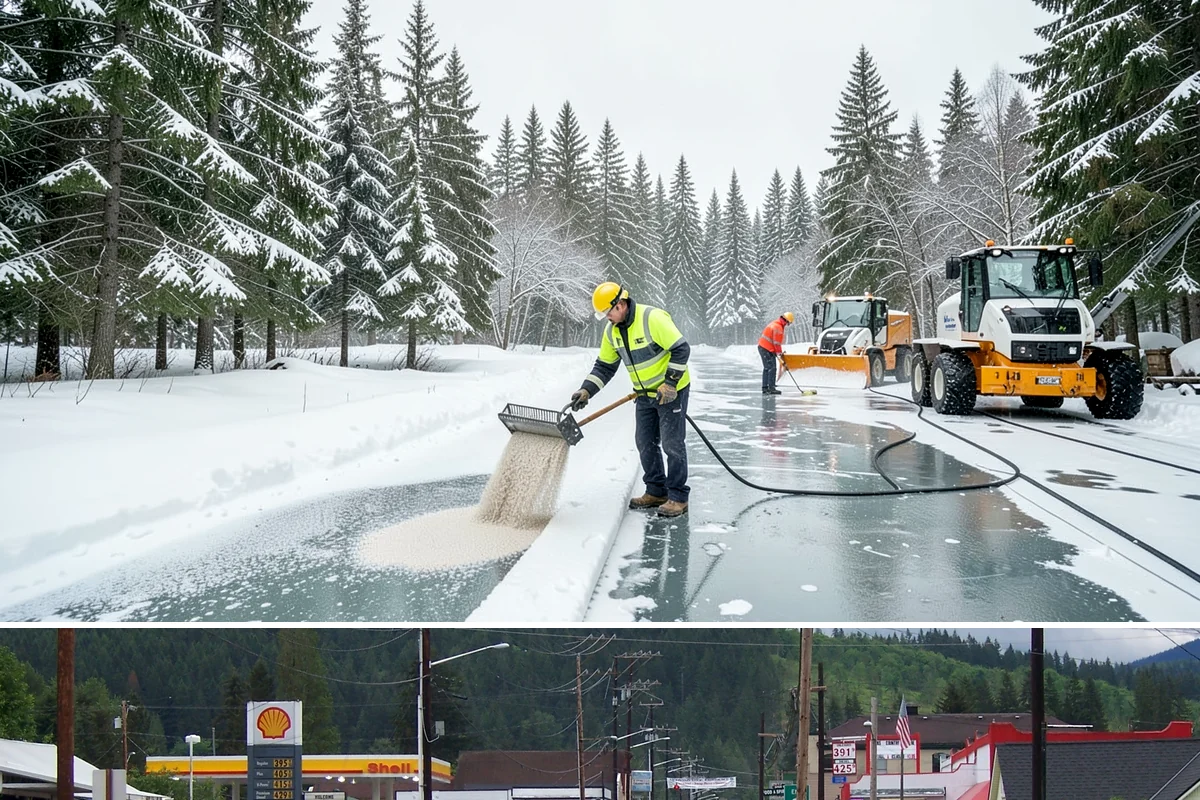 Medical Office Sidewalk Clearing in Granite Falls, Snohomish County, WA - Medical office risk runs from late November through February, with day-long freeze-thaw demanding repeat visits during clinic...