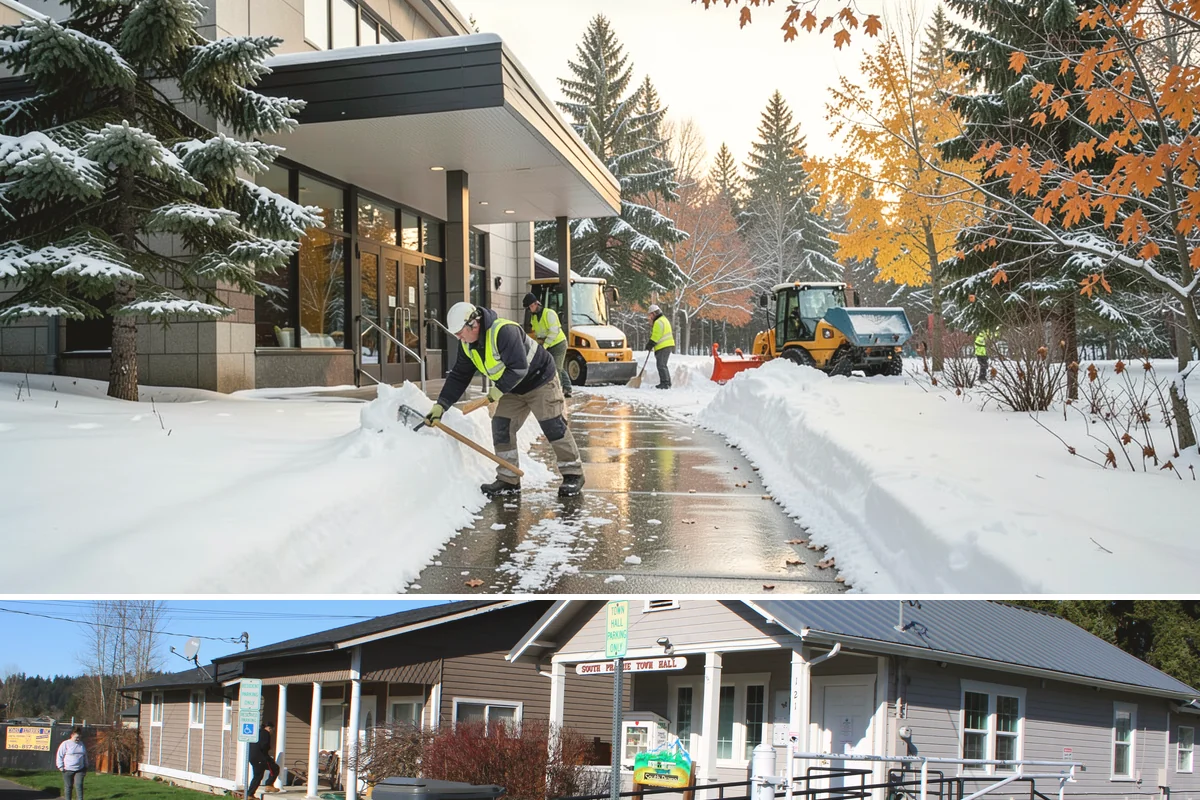 Medical Office Sidewalk Clearing in South Prairie, Pierce County, WA - Medical office risk runs from late November through February, with day-long freeze-thaw demanding repeat visits during clinic...
