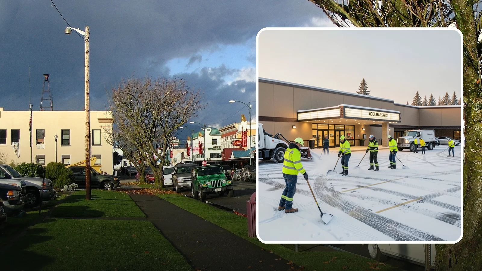 Movie Theater Snow Removal in Arlington, Snohomish County, WA - A snowy Friday night should not empty your auditoriums, so we keep the lot, box-office walk, and entrance dry and safe for...