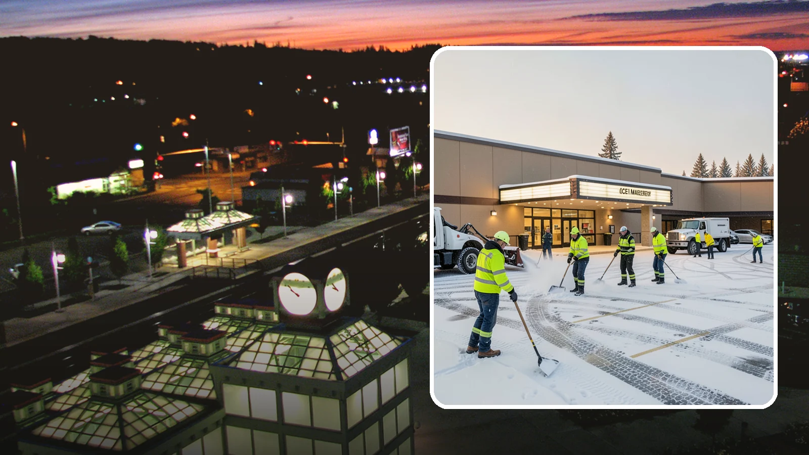 Movie Theater Snow Removal in Auburn, King County, WA - A snowy Friday night should not empty your auditoriums, so we keep the lot, box-office walk, and entrance dry and safe for...