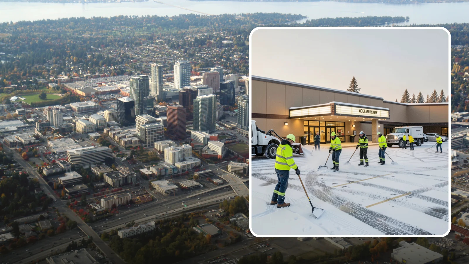 Movie Theater Snow Removal in Bellevue, King County, WA - A snowy Friday night should not empty your auditoriums, so we keep the lot, box-office walk, and entrance dry and safe for...