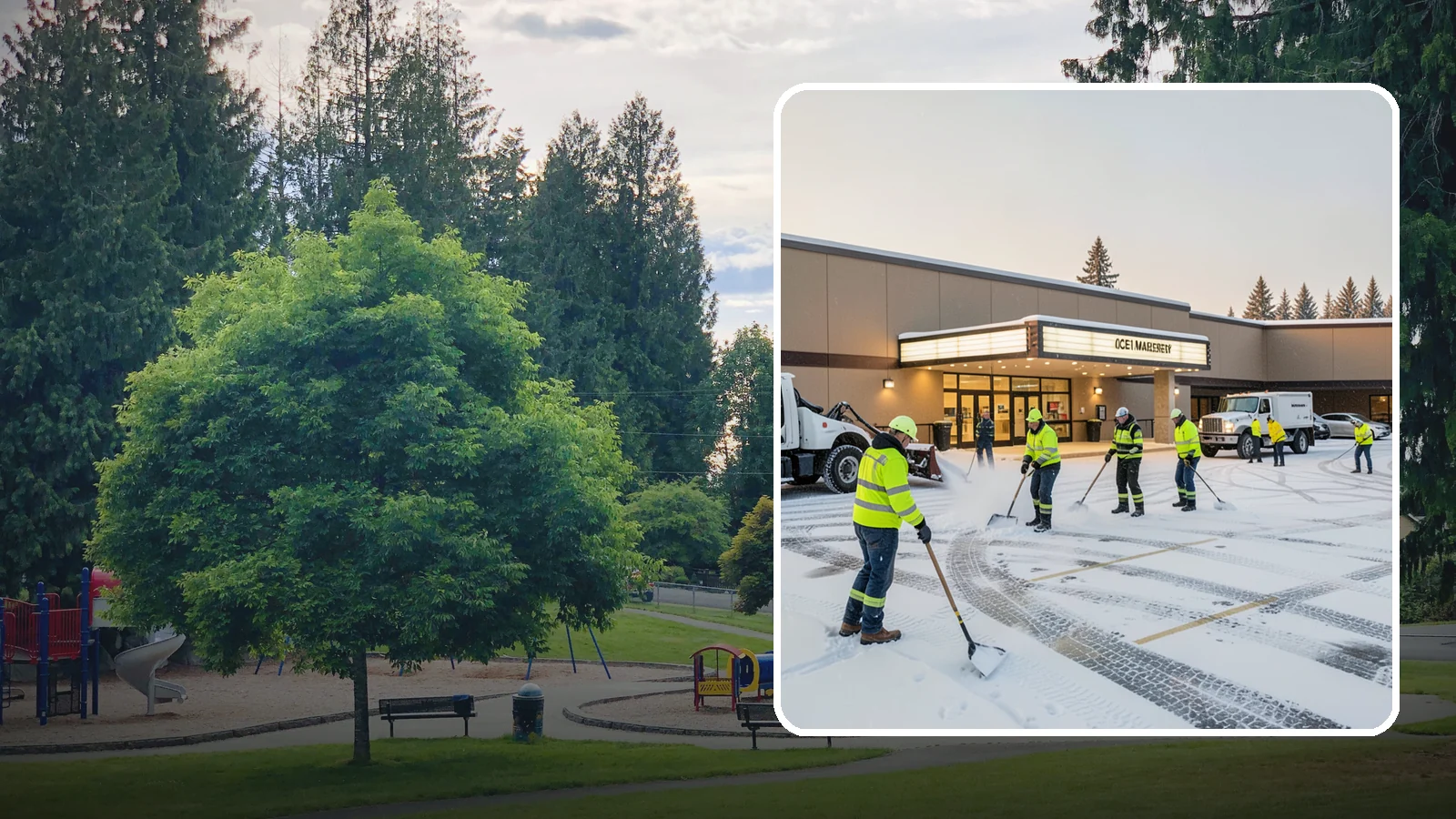 Movie Theater Snow Removal in Bonney Lake, Pierce County, WA - A snowy Friday night should not empty your auditoriums, so we keep the lot, box-office walk, and entrance dry and safe for...