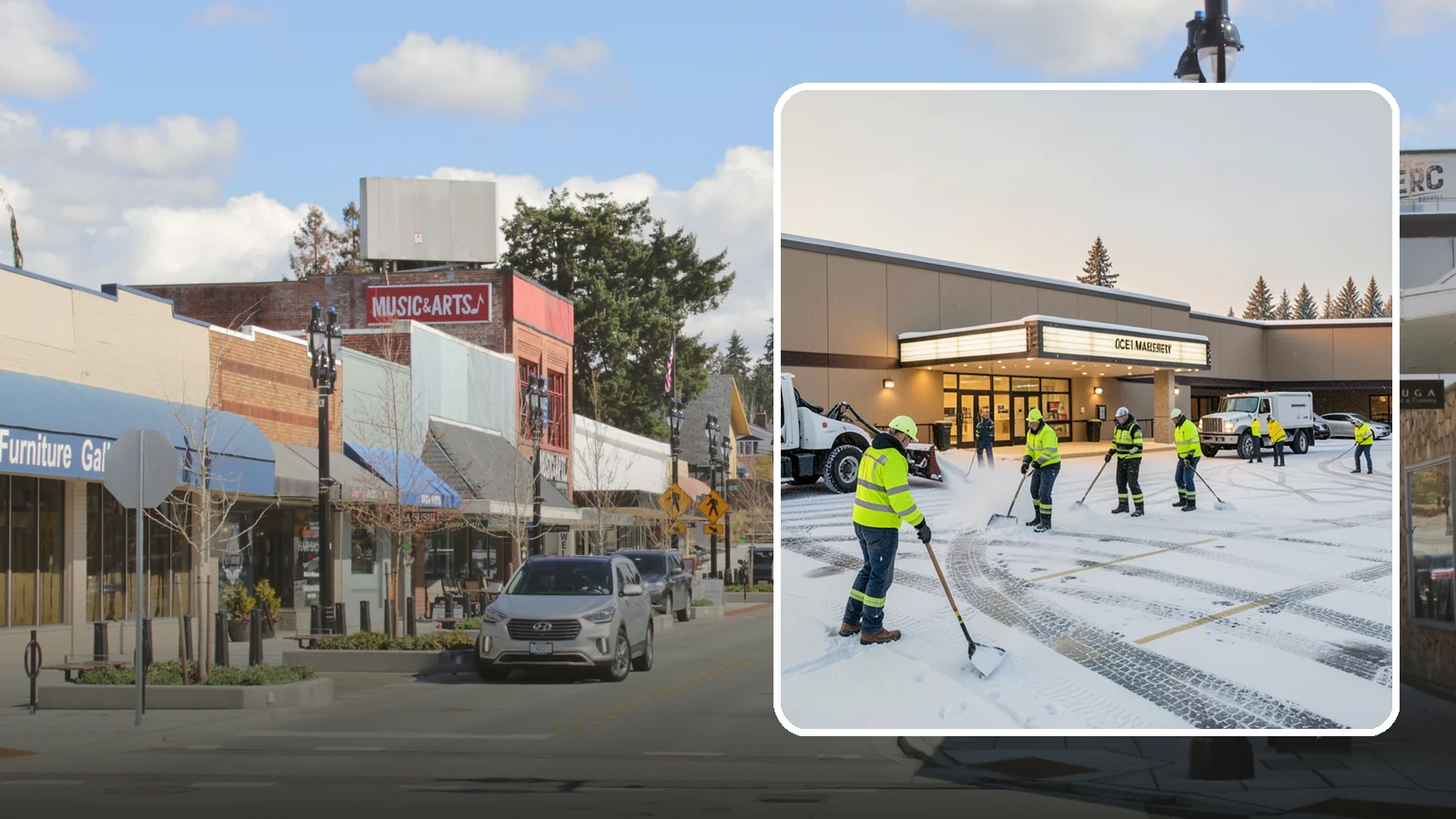 Movie Theater Snow Removal in Bothell, King County, WA - A snowy Friday night should not empty your auditoriums, so we keep the lot, box-office walk, and entrance dry and safe for...
