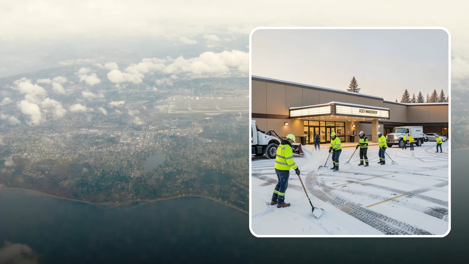 Movie Theater Snow Removal in Burien, King County, WA - A snowy Friday night should not empty your auditoriums, so we keep the lot, box-office walk, and entrance dry and safe for...