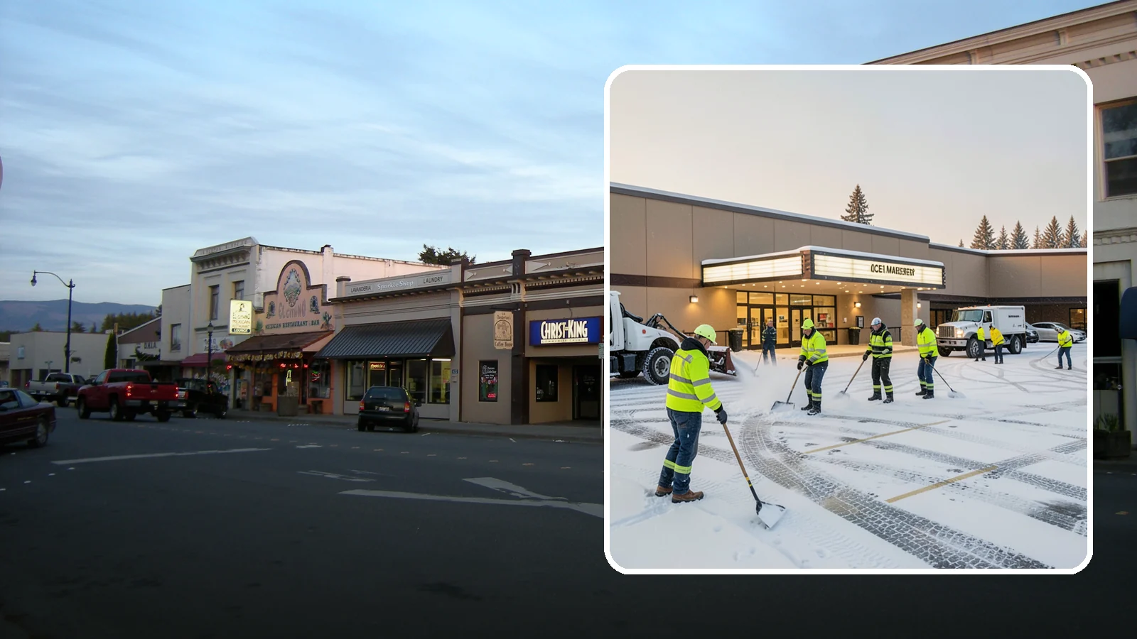 Movie Theater Snow Removal in Burlington, Skagit County, WA - A snowy Friday night should not empty your auditoriums, so we keep the lot, box-office walk, and entrance dry and safe for...