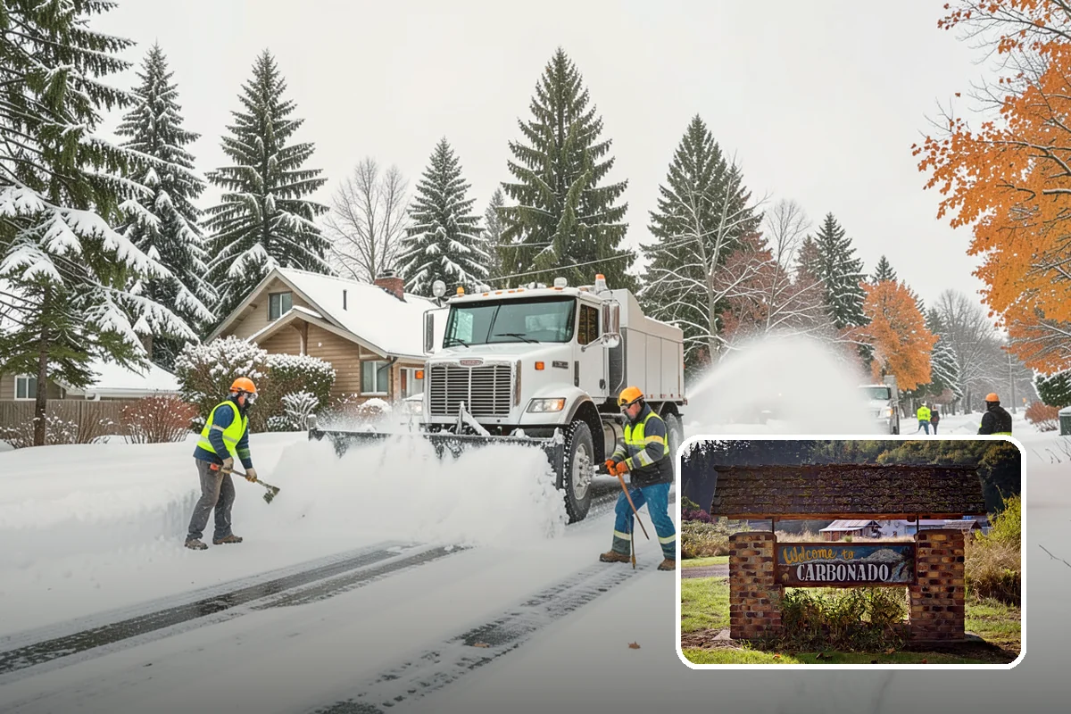 Movie Theater Snow Removal in Carbonado, Pierce County, WA - Lot cleared and salted before evening showtimes