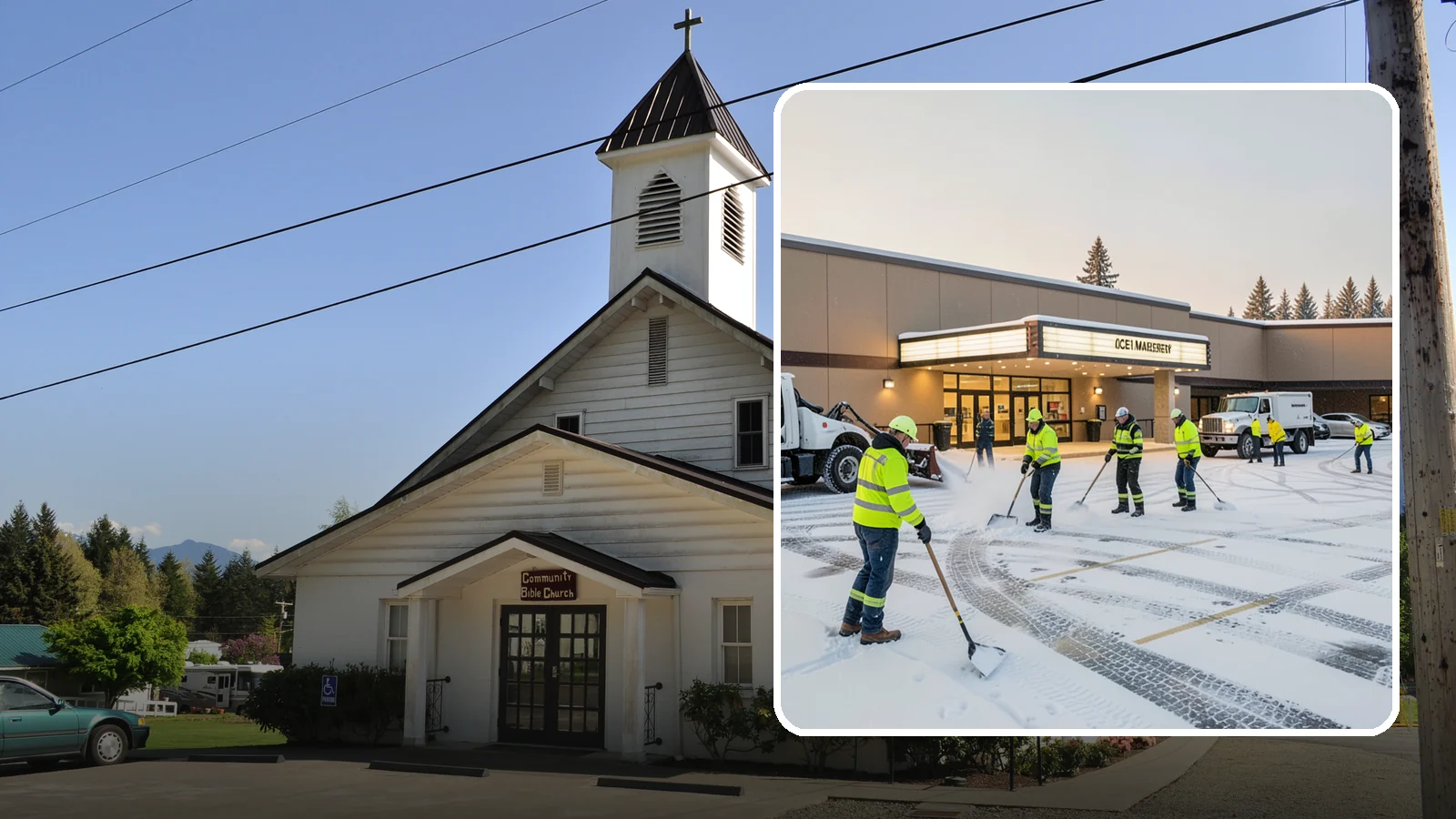 Movie Theater Snow Removal in Concrete, Skagit County, WA - A snowy Friday night should not empty your auditoriums, so we keep the lot, box-office walk, and entrance dry and safe for...