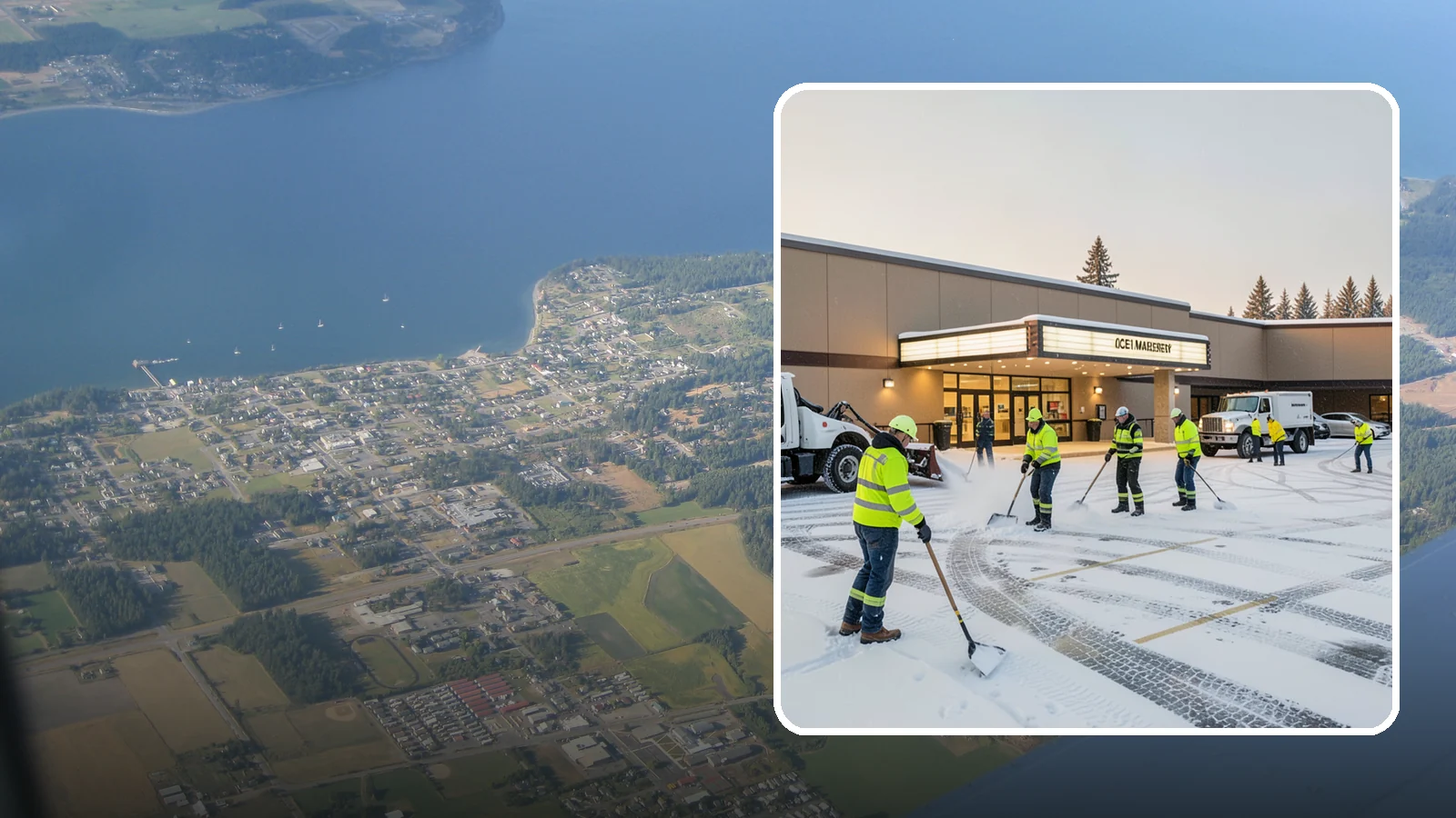 Movie Theater Snow Removal in Coupeville, Island County, WA - A snowy Friday night should not empty your auditoriums, so we keep the lot, box-office walk, and entrance dry and safe for...