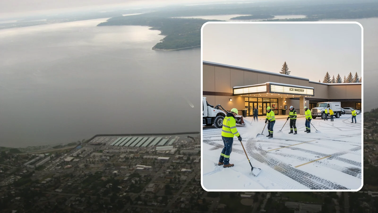 Movie Theater Snow Removal in Des Moines, King County, WA - A snowy Friday night should not empty your auditoriums, so we keep the lot, box-office walk, and entrance dry and safe for...