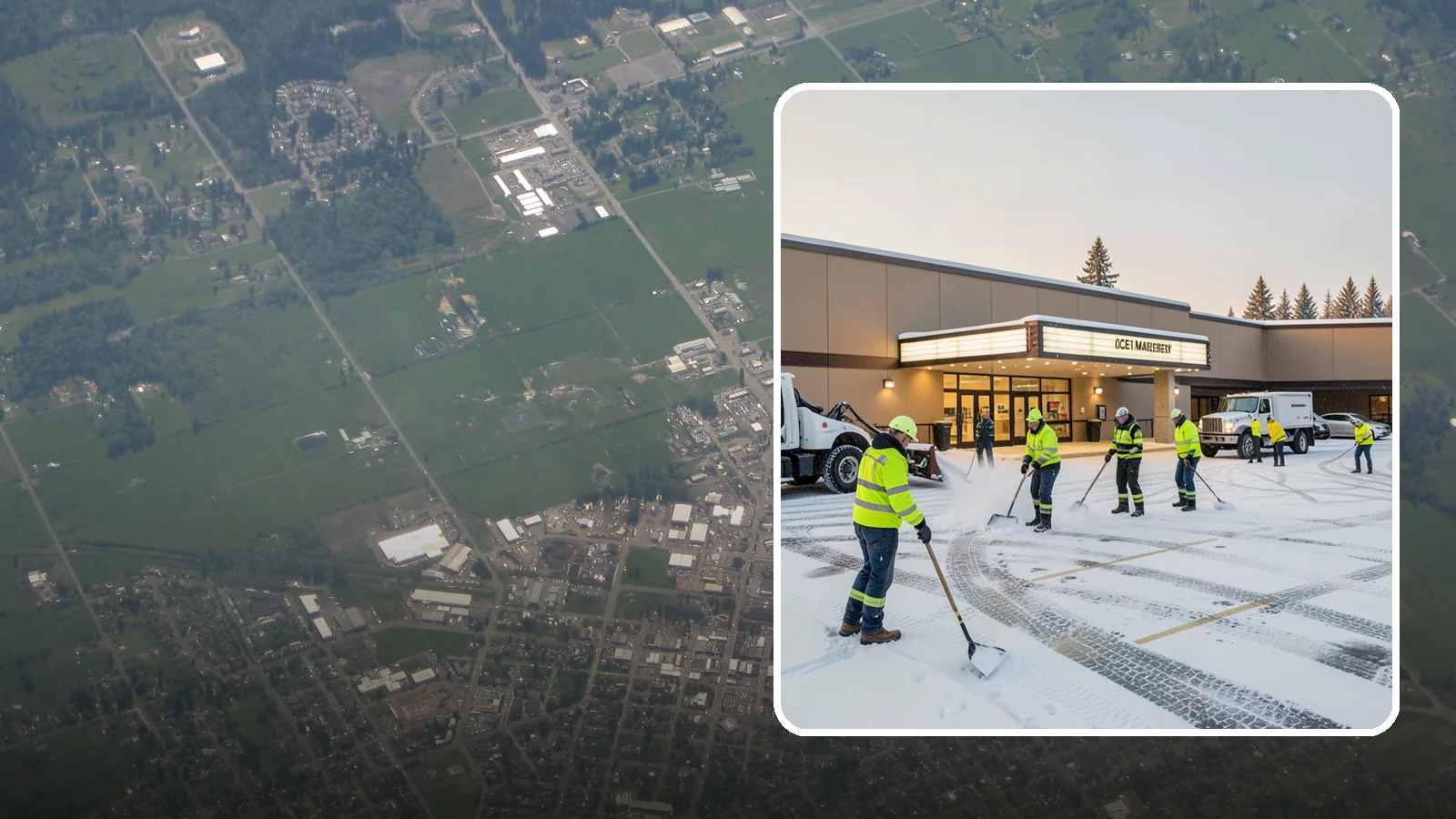 Movie Theater Snow Removal in Enumclaw, King County, WA - A snowy Friday night should not empty your auditoriums, so we keep the lot, box-office walk, and entrance dry and safe for...