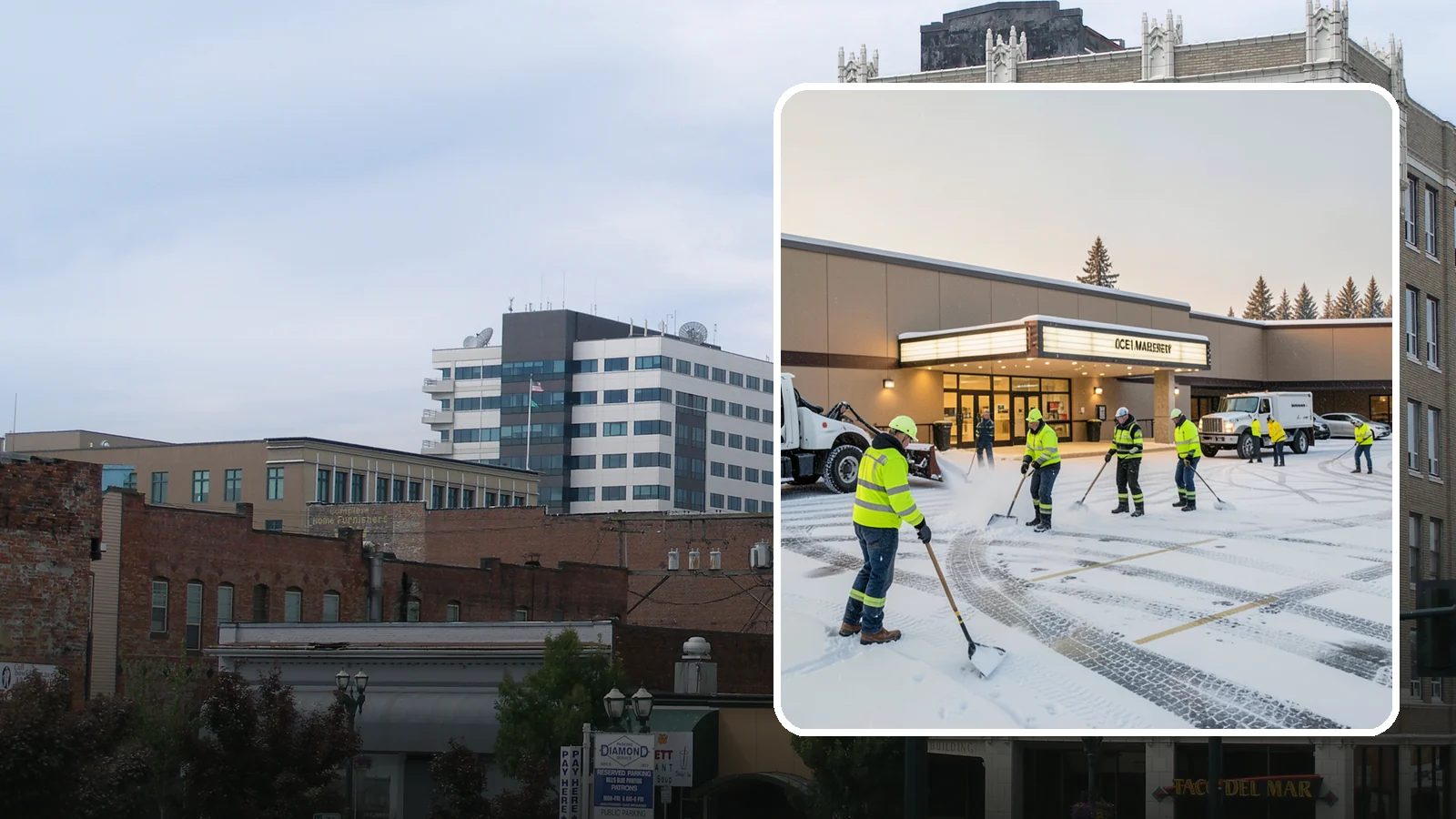 Movie Theater Snow Removal in Everett, Snohomish County, WA - A snowy Friday night should not empty your auditoriums, so we keep the lot, box-office walk, and entrance dry and safe for...
