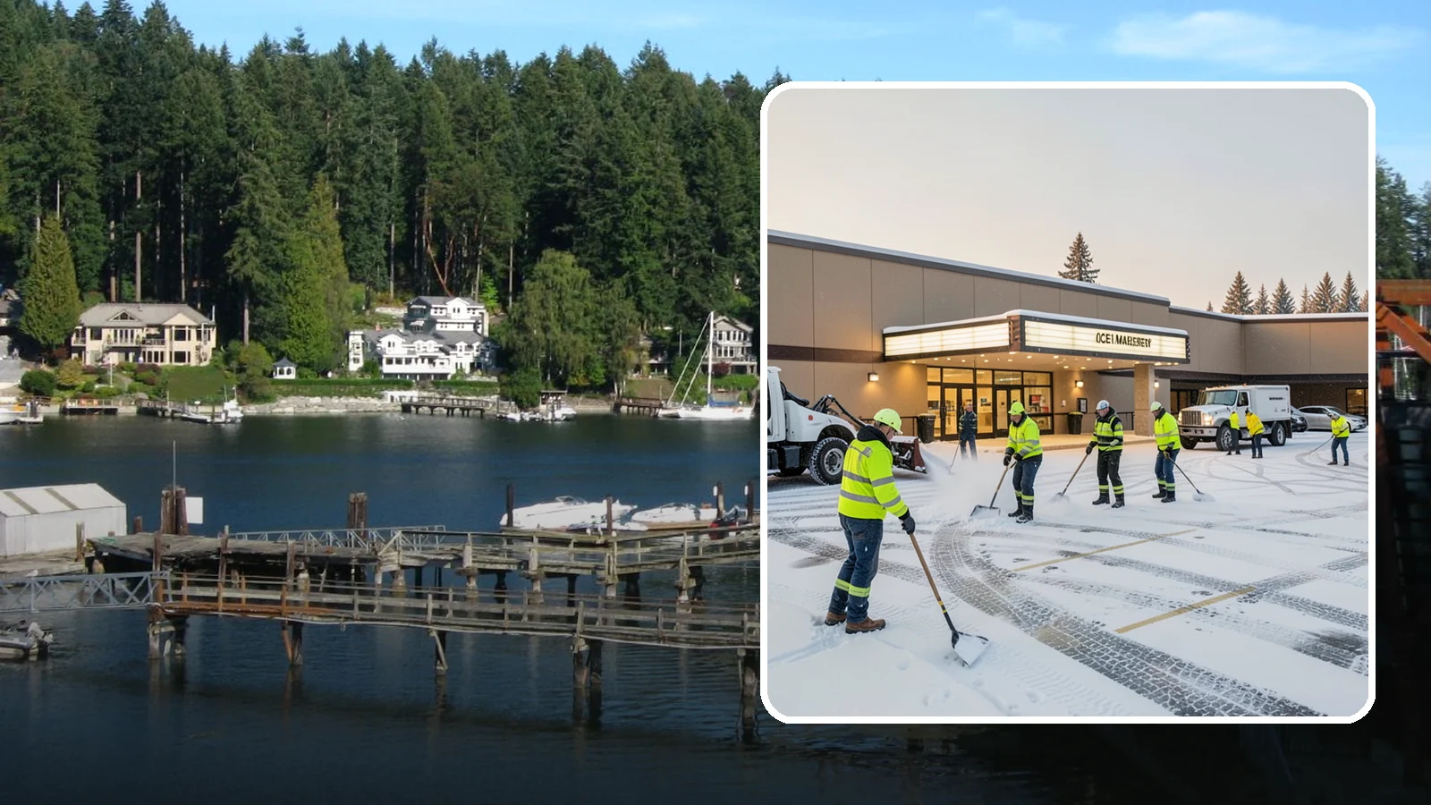 Movie Theater Snow Removal in Gig Harbor, Pierce County, WA - A snowy Friday night should not empty your auditoriums, so we keep the lot, box-office walk, and entrance dry and safe for...
