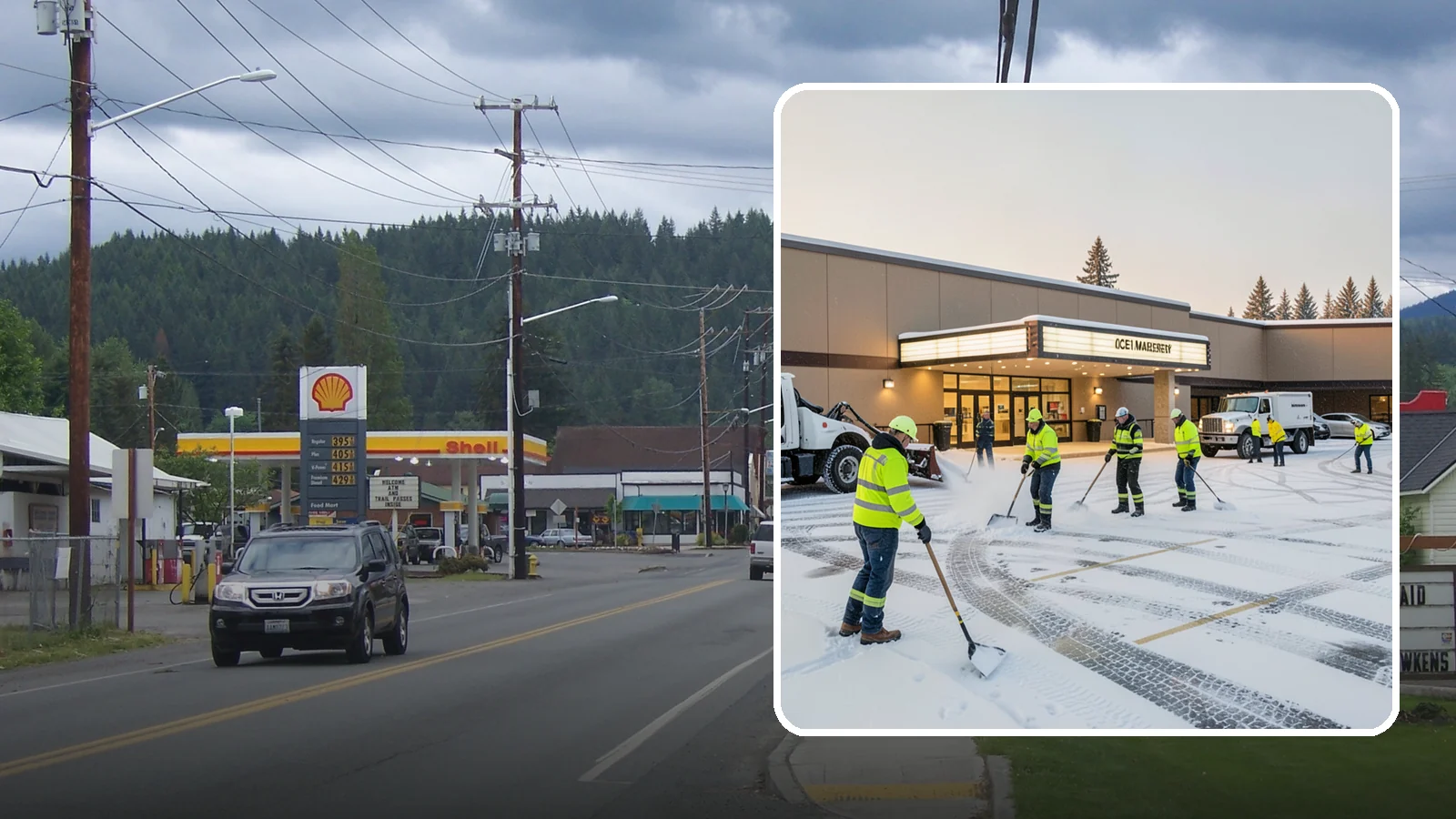 Movie Theater Snow Removal in Granite Falls, Snohomish County, WA - A snowy Friday night should not empty your auditoriums, so we keep the lot, box-office walk, and entrance dry and safe for...