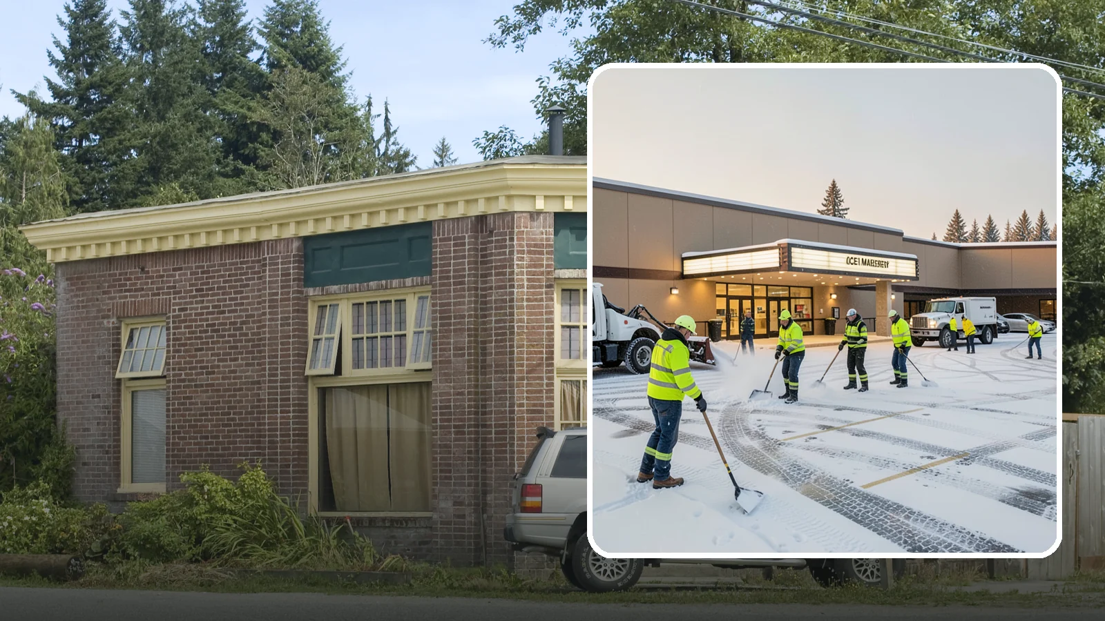 Movie Theater Snow Removal in Hamilton, Skagit County, WA - A snowy Friday night should not empty your auditoriums, so we keep the lot, box-office walk, and entrance dry and safe for...