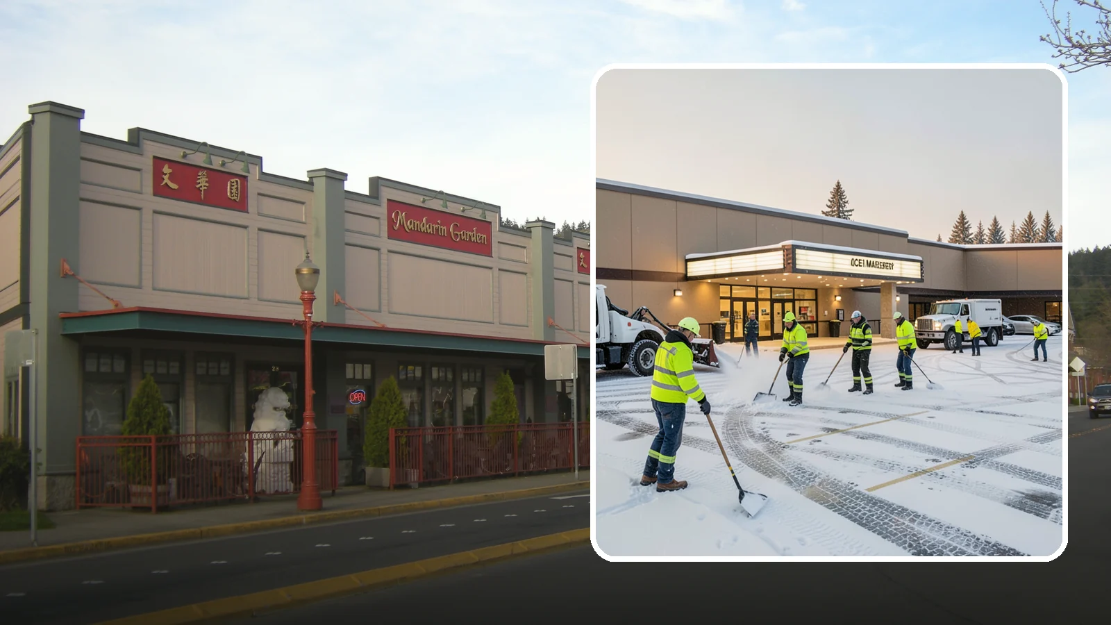 Movie Theater Snow Removal in Issaquah, King County, WA - A snowy Friday night should not empty your auditoriums, so we keep the lot, box-office walk, and entrance dry and safe for...