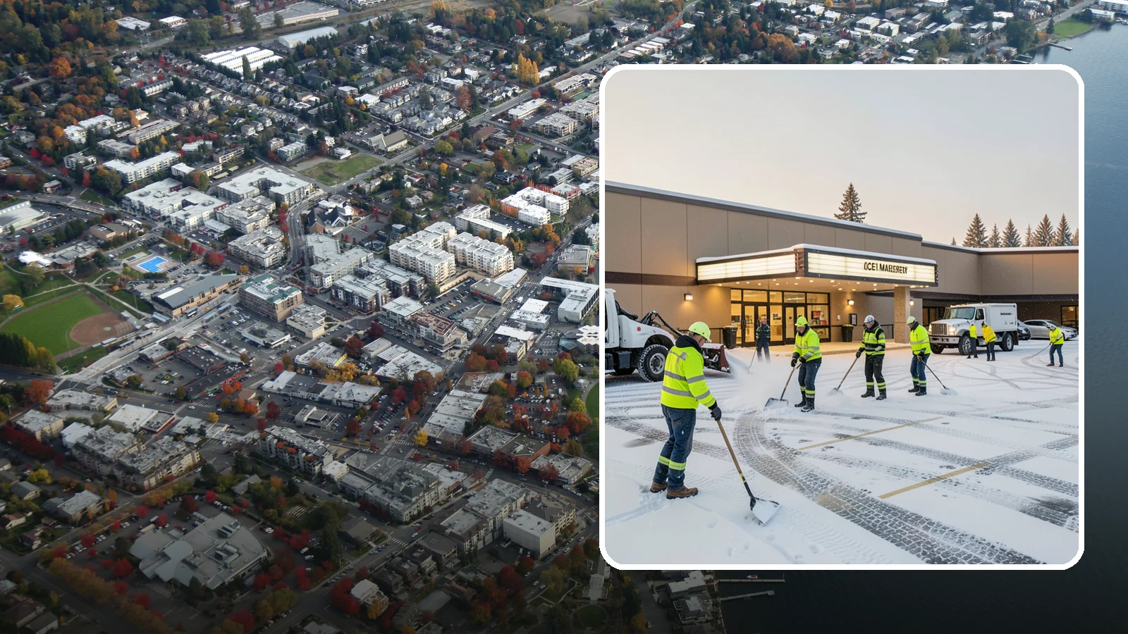 Movie Theater Snow Removal in Kirkland, King County, WA - A snowy Friday night should not empty your auditoriums, so we keep the lot, box-office walk, and entrance dry and safe for...