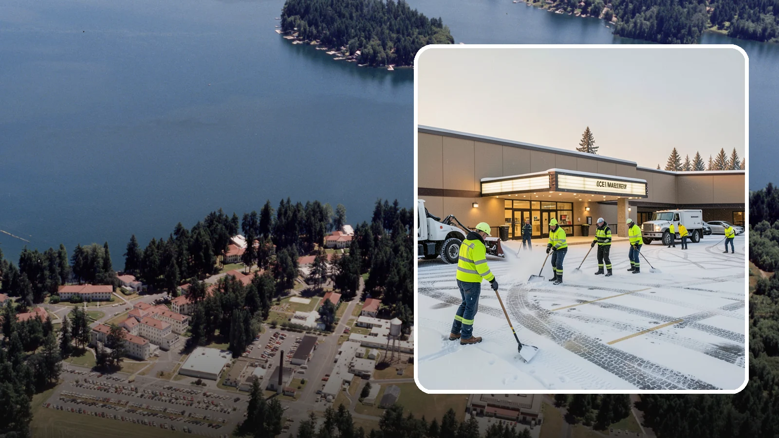 Movie Theater Snow Removal in Lakewood, Pierce County, WA - A snowy Friday night should not empty your auditoriums, so we keep the lot, box-office walk, and entrance dry and safe for...