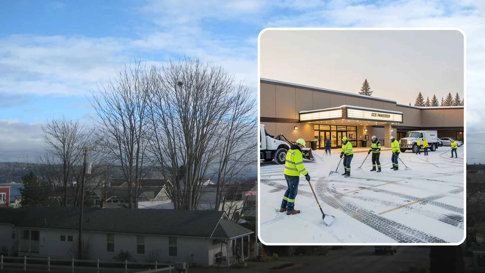 Movie Theater Snow Removal in Langley, Island County, WA - A snowy Friday night should not empty your auditoriums, so we keep the lot, box-office walk, and entrance dry and safe for...