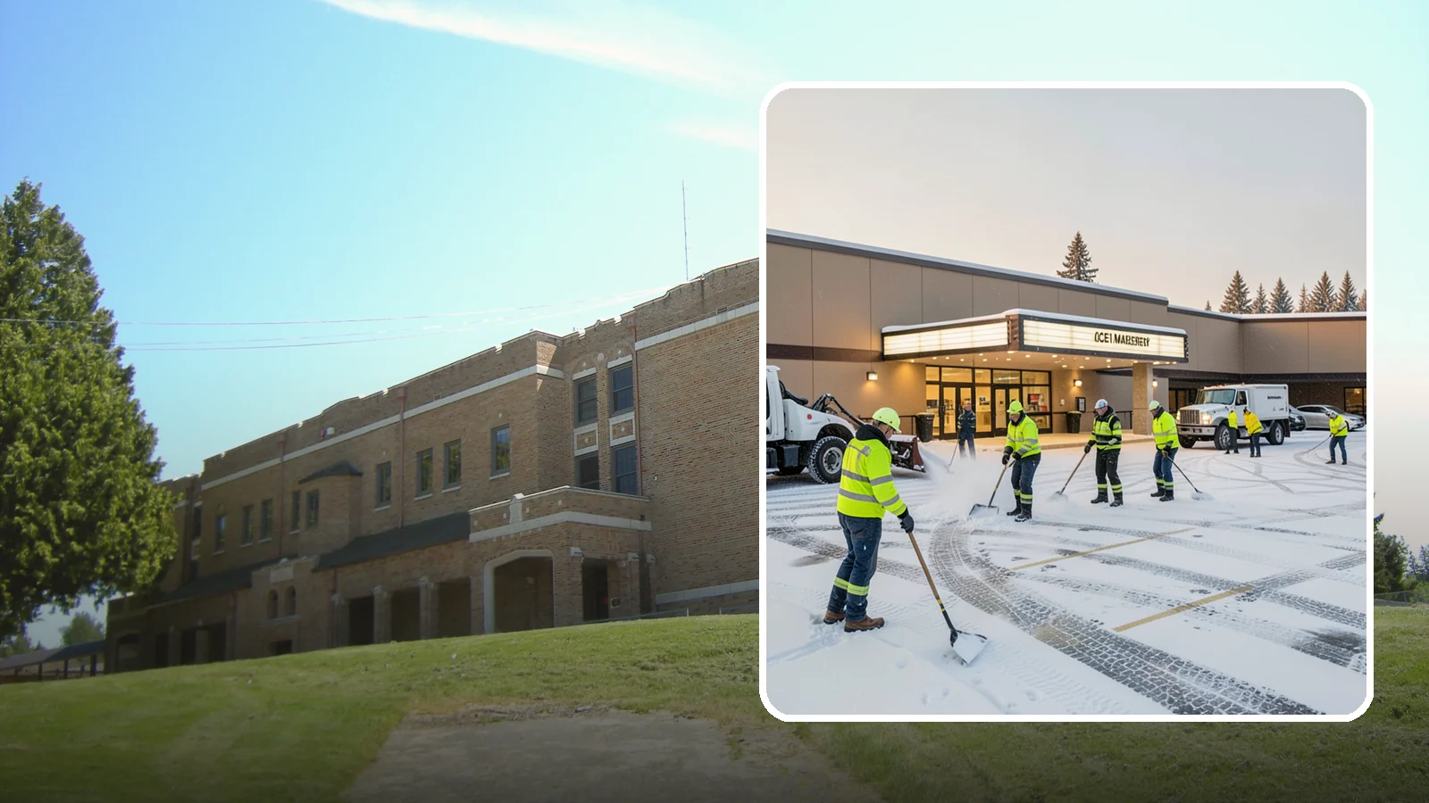 Movie Theater Snow Removal in Maple Valley, King County, WA - A snowy Friday night should not empty your auditoriums, so we keep the lot, box-office walk, and entrance dry and safe for...