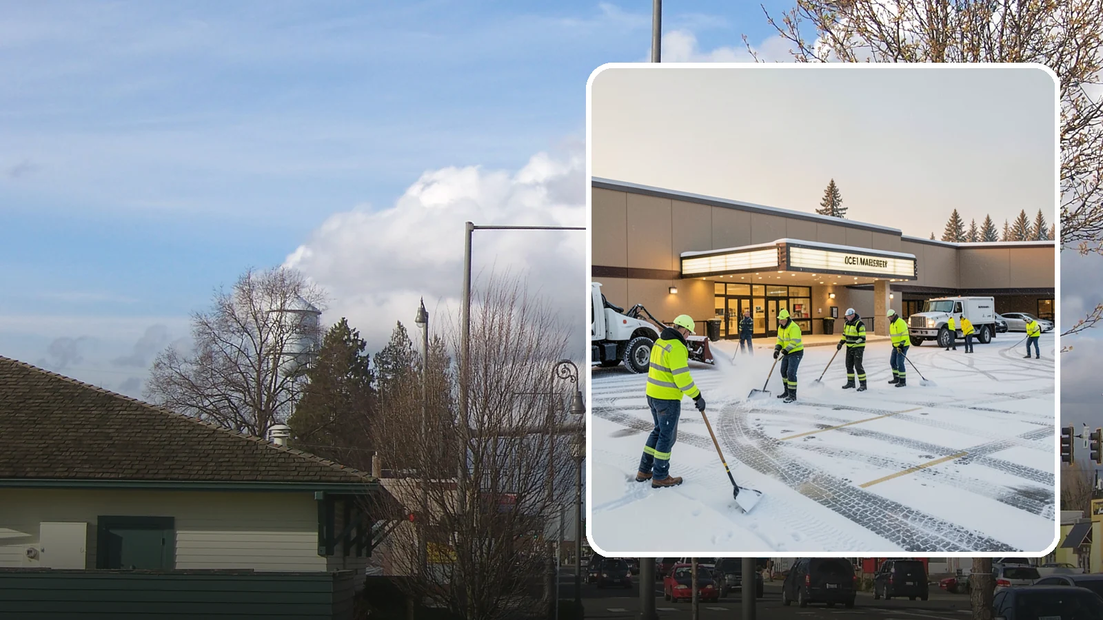 Movie Theater Snow Removal in Marysville, Snohomish County, WA - A snowy Friday night should not empty your auditoriums, so we keep the lot, box-office walk, and entrance dry and safe for...