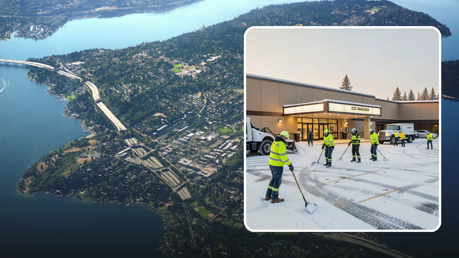Movie Theater Snow Removal in Mercer Island, King County, WA - A snowy Friday night should not empty your auditoriums, so we keep the lot, box-office walk, and entrance dry and safe for...