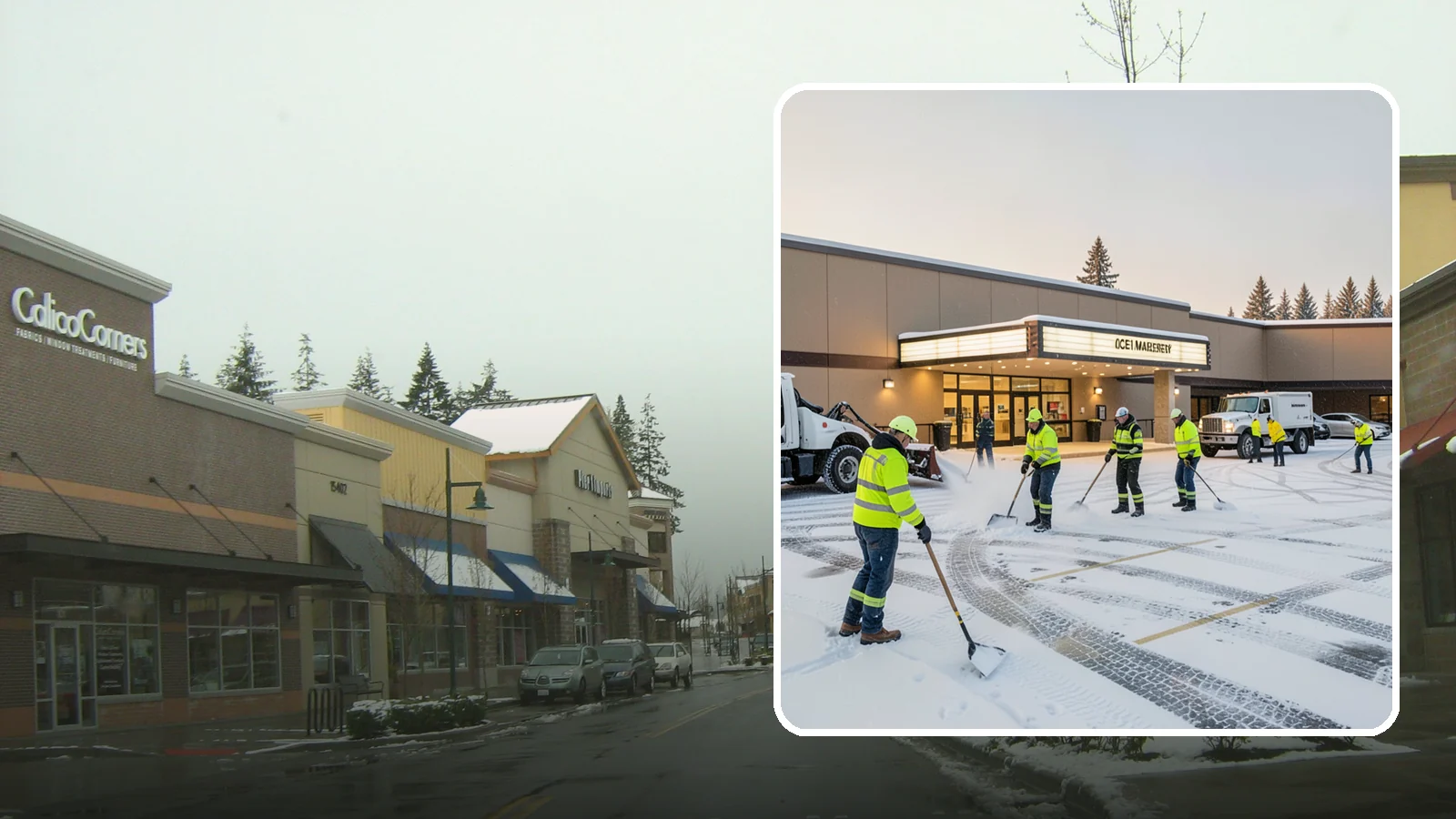 Movie Theater Snow Removal in Mill Creek, Snohomish County, WA - A snowy Friday night should not empty your auditoriums, so we keep the lot, box-office walk, and entrance dry and safe for...