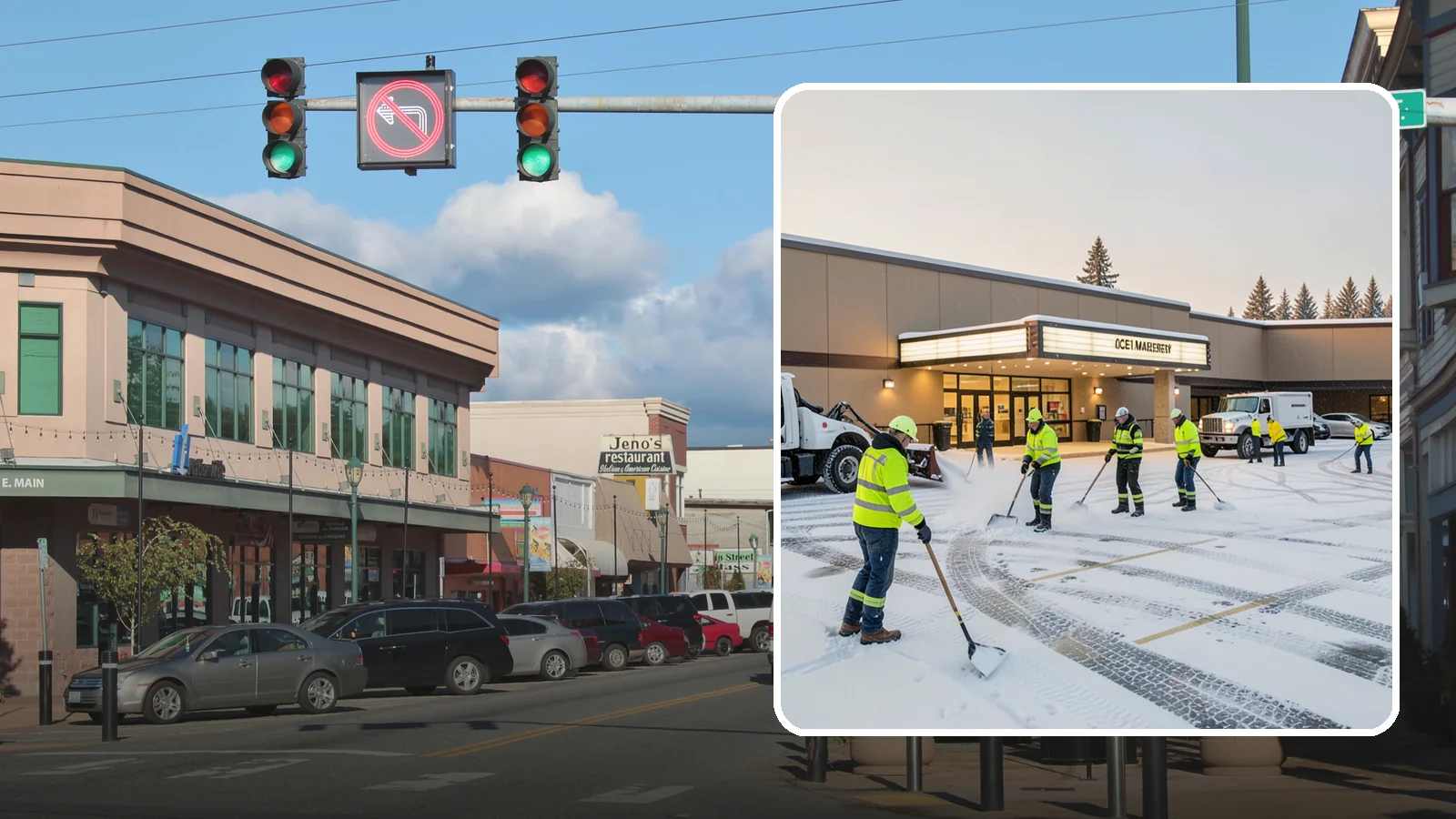 Movie Theater Snow Removal in Monroe, Snohomish County, WA - A snowy Friday night should not empty your auditoriums, so we keep the lot, box-office walk, and entrance dry and safe for...