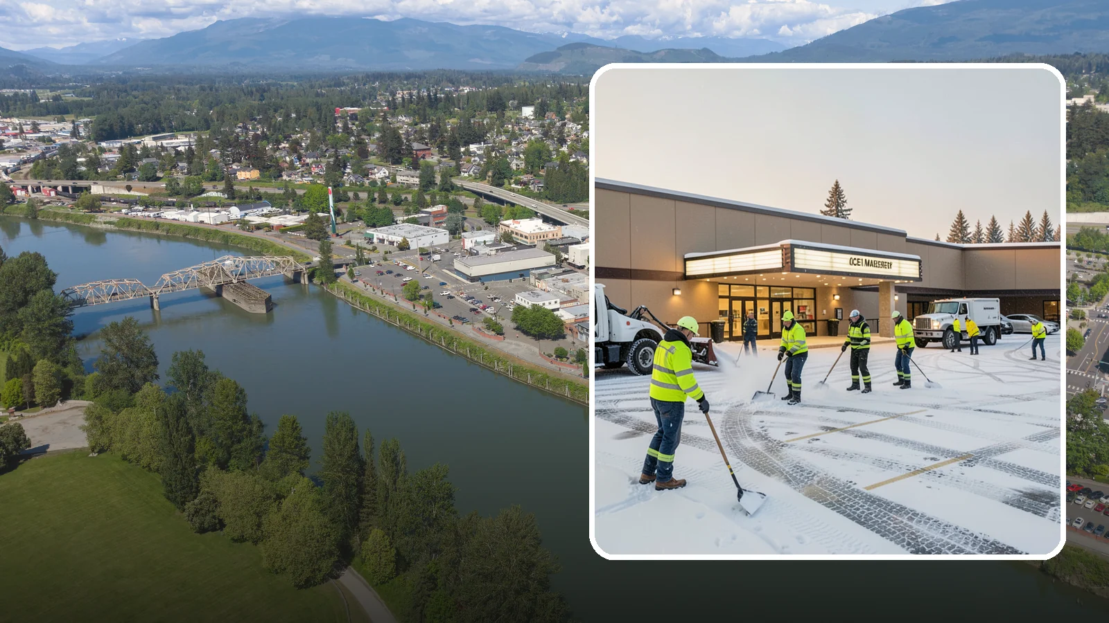 Movie Theater Snow Removal in Mount Vernon, Skagit County, WA - A snowy Friday night should not empty your auditoriums, so we keep the lot, box-office walk, and entrance dry and safe for...
