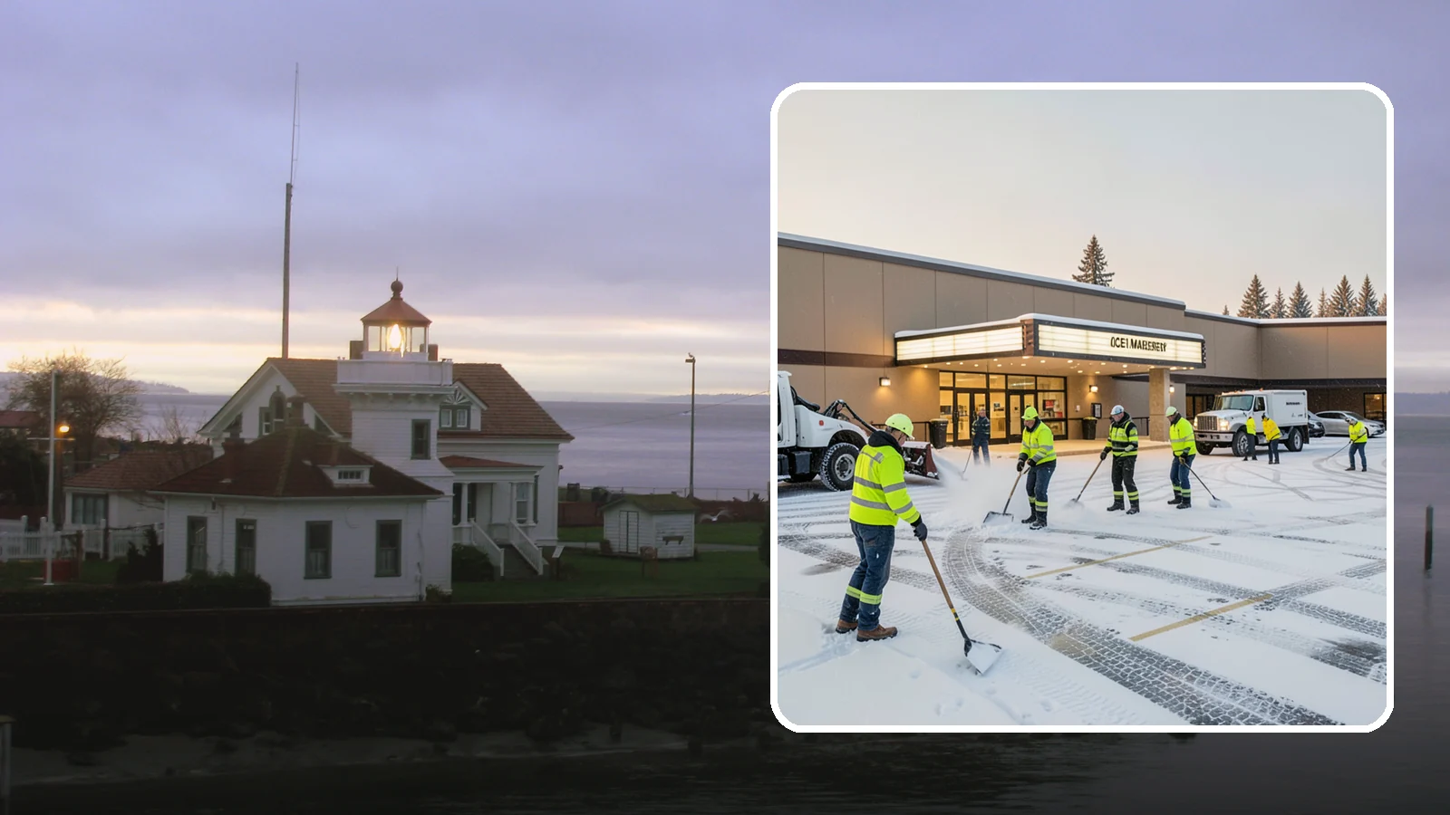 Movie Theater Snow Removal in Mukilteo, Snohomish County, WA - A snowy Friday night should not empty your auditoriums, so we keep the lot, box-office walk, and entrance dry and safe for...