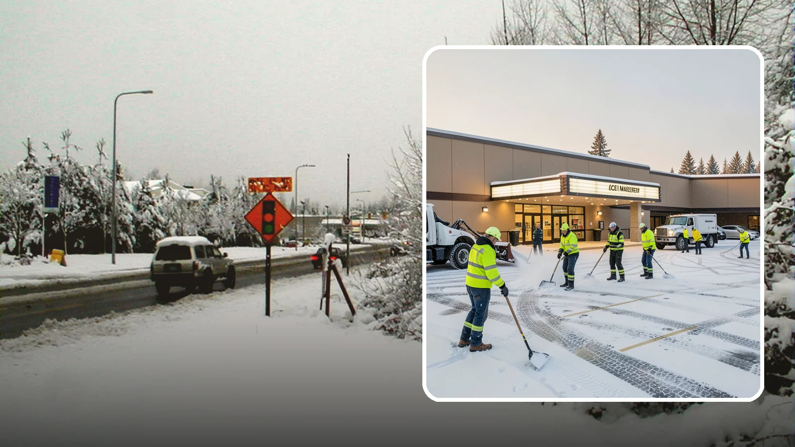 Movie Theater Snow Removal in Newcastle, King County, WA - A snowy Friday night should not empty your auditoriums, so we keep the lot, box-office walk, and entrance dry and safe for...