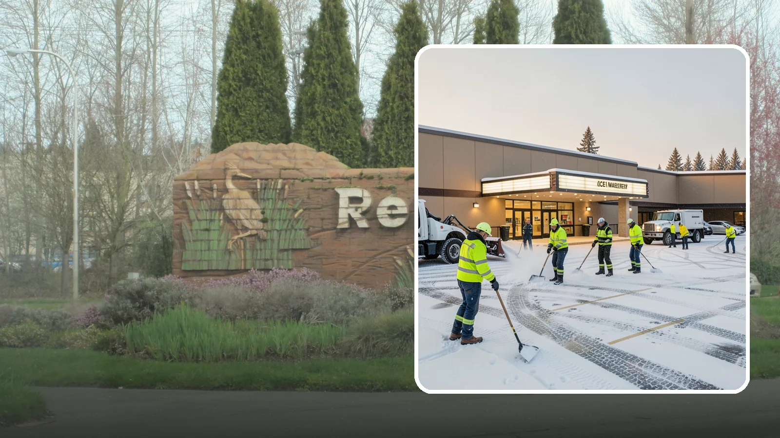 Movie Theater Snow Removal in Renton, King County, WA - A snowy Friday night should not empty your auditoriums, so we keep the lot, box-office walk, and entrance dry and safe for...
