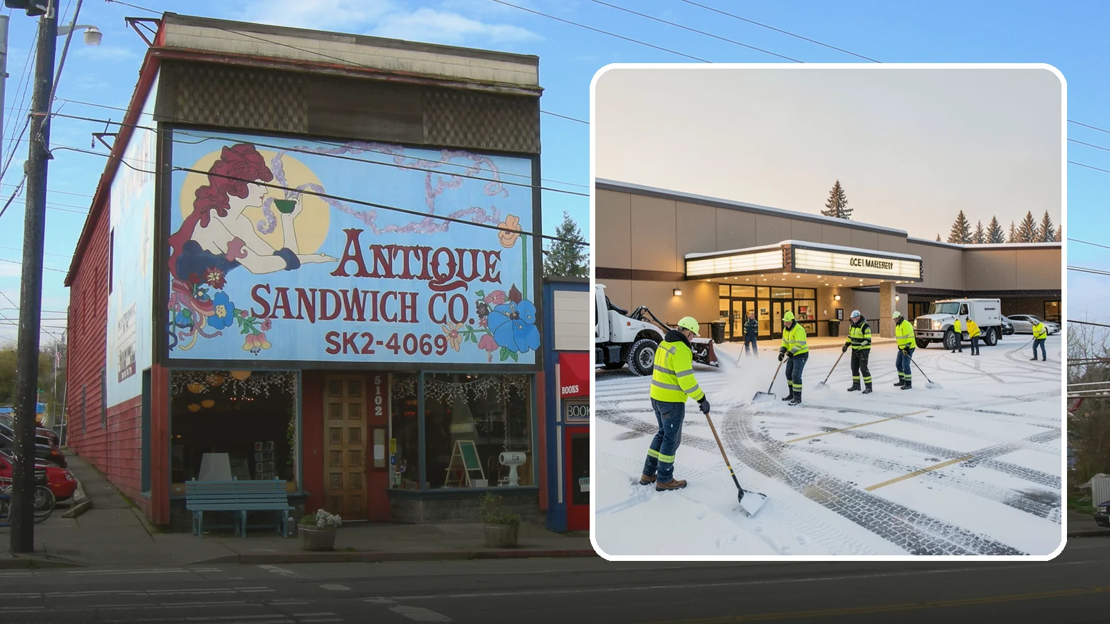 Movie Theater Snow Removal in Ruston, Pierce County, WA - A snowy Friday night should not empty your auditoriums, so we keep the lot, box-office walk, and entrance dry and safe for...