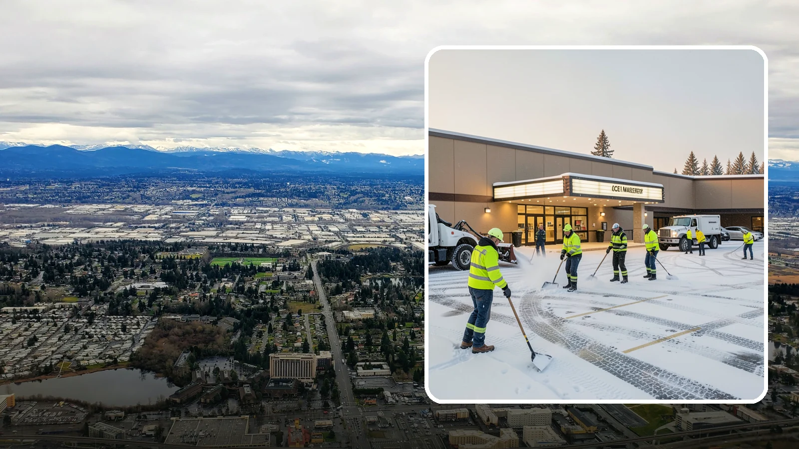 Movie Theater Snow Removal in SeaTac, King County, WA - A snowy Friday night should not empty your auditoriums, so we keep the lot, box-office walk, and entrance dry and safe for...