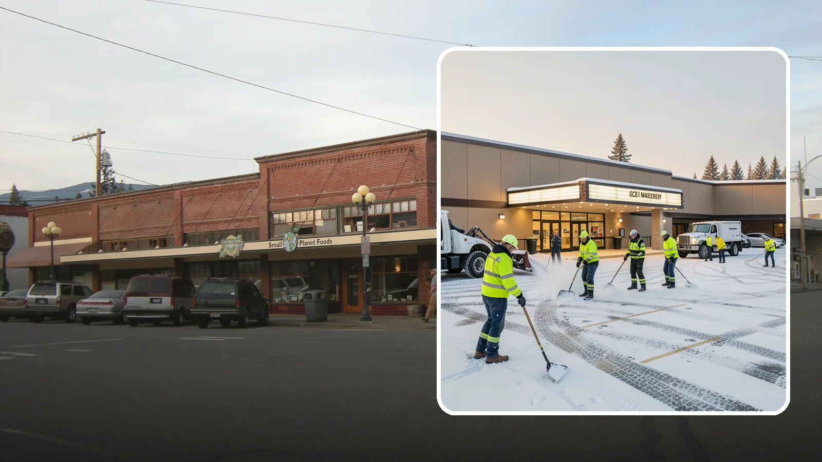 Movie Theater Snow Removal in Sedro-Woolley, Skagit County, WA - A snowy Friday night should not empty your auditoriums, so we keep the lot, box-office walk, and entrance dry and safe for...