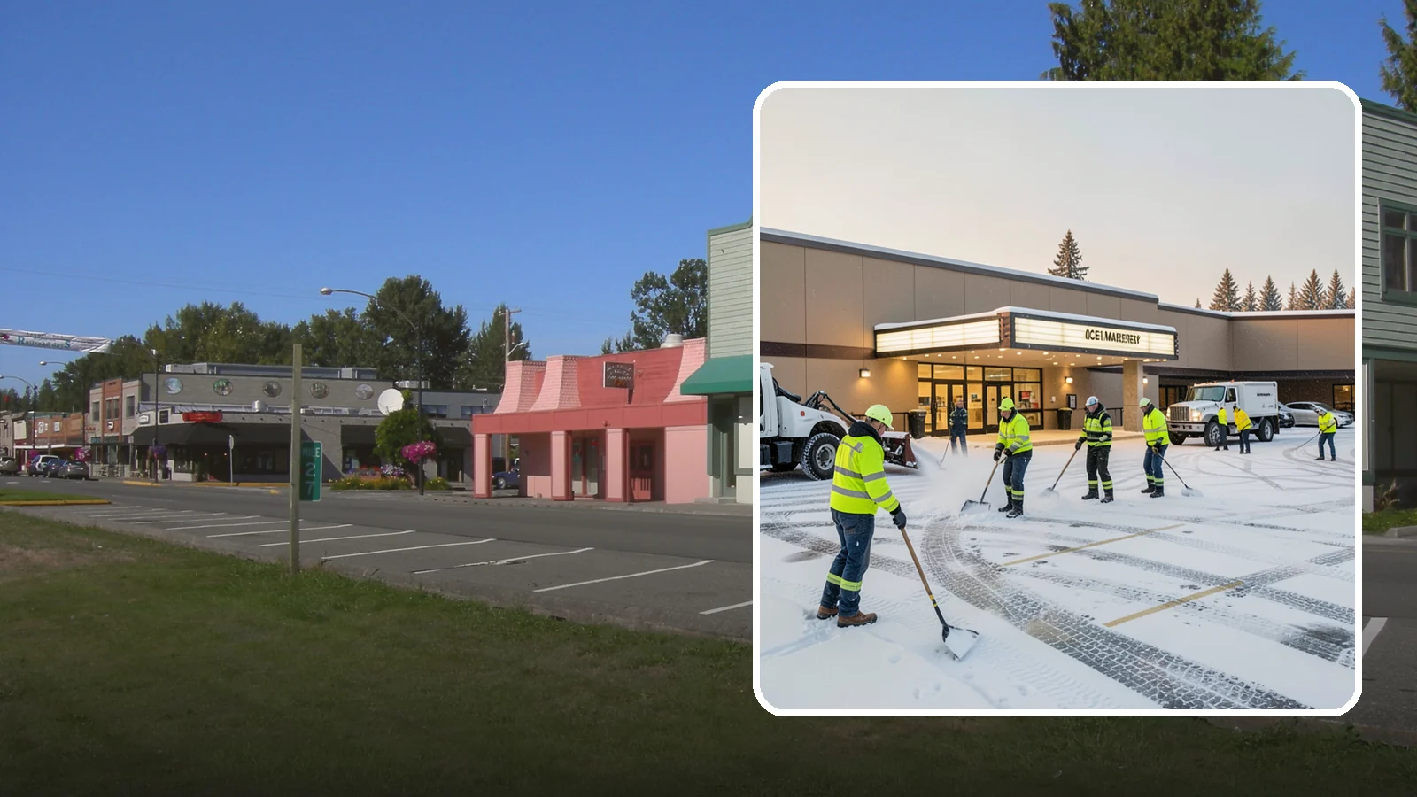 Movie Theater Snow Removal in Snoqualmie, King County, WA - A snowy Friday night should not empty your auditoriums, so we keep the lot, box-office walk, and entrance dry and safe for...