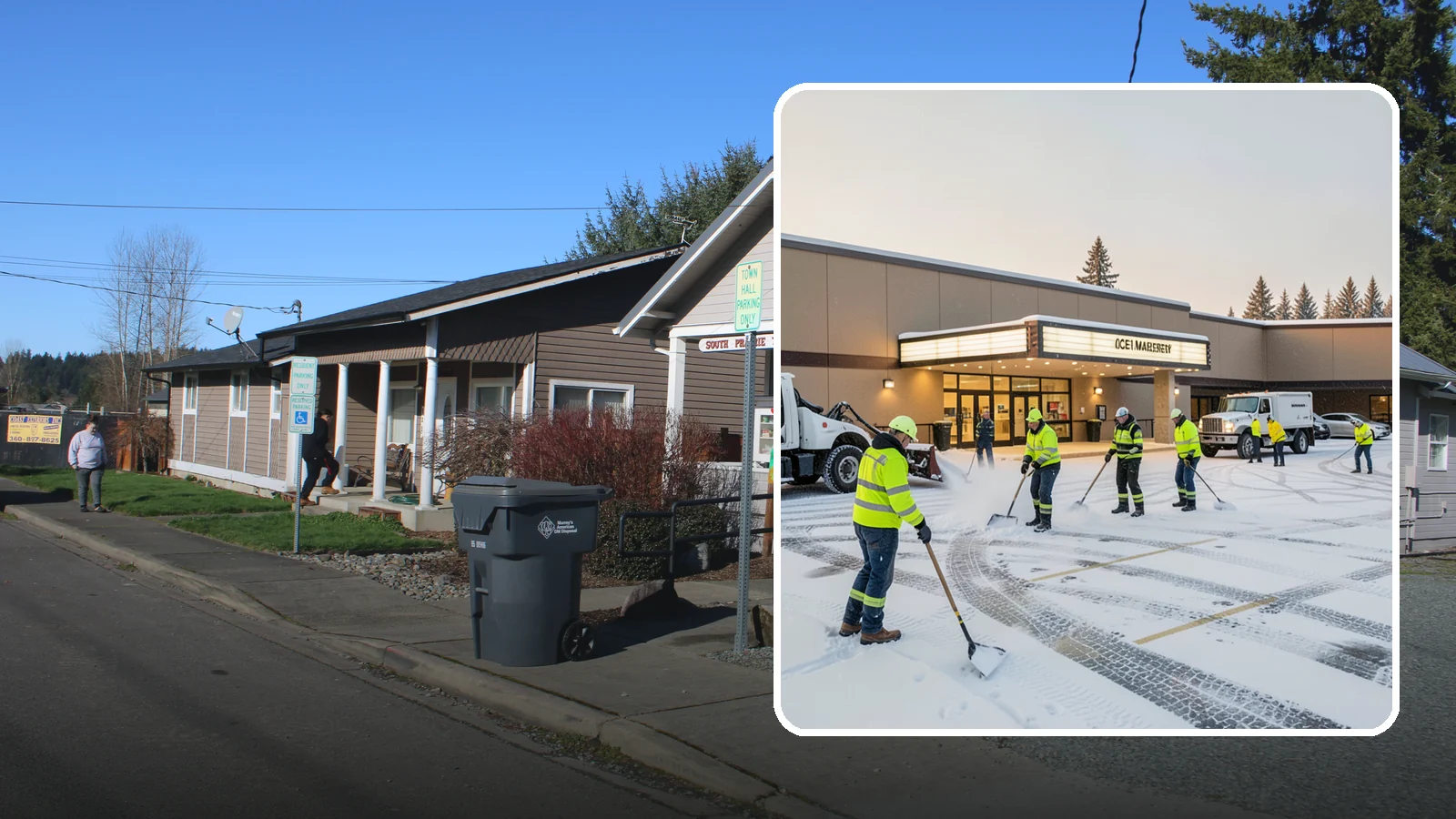 Movie Theater Snow Removal in South Prairie, Pierce County, WA - A snowy Friday night should not empty your auditoriums, so we keep the lot, box-office walk, and entrance dry and safe for...